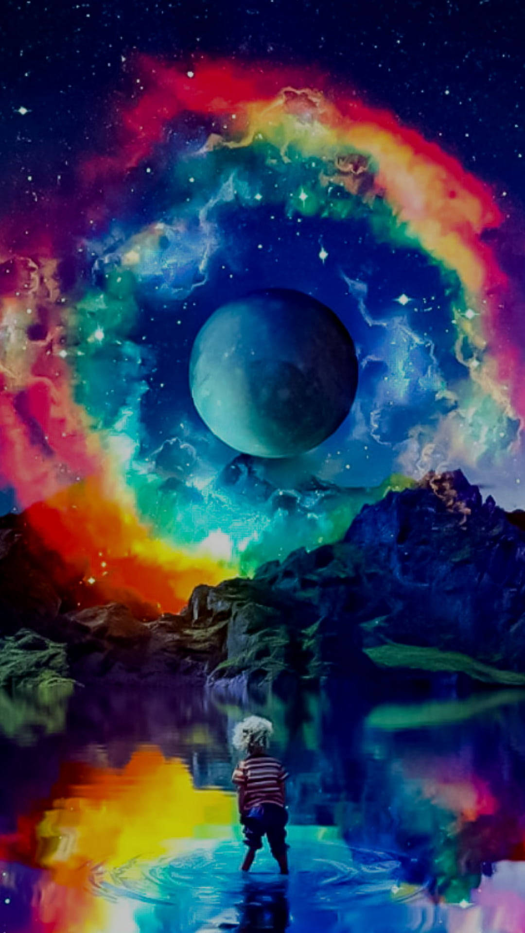 Rainbow Galaxy, glowing planet, vibrant cosmic nebula, Full HD Phone Wallpaper