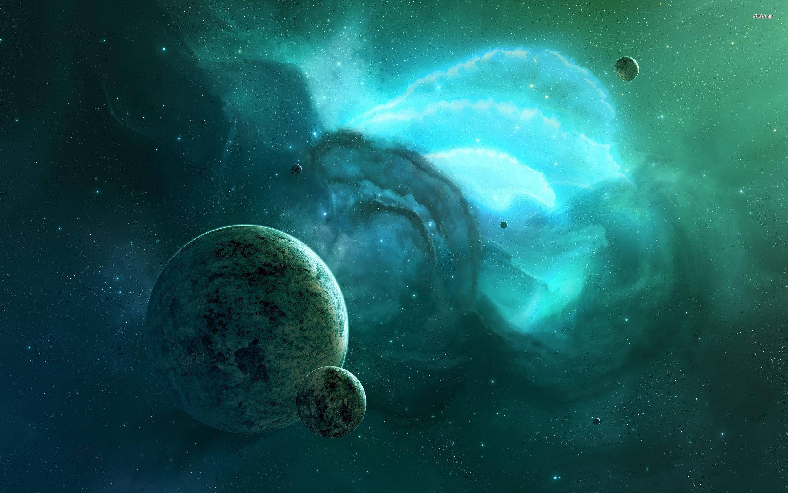 galaxy turquoise hue, turquoise nebula, large planet, 2K Desktop Wallpaper
