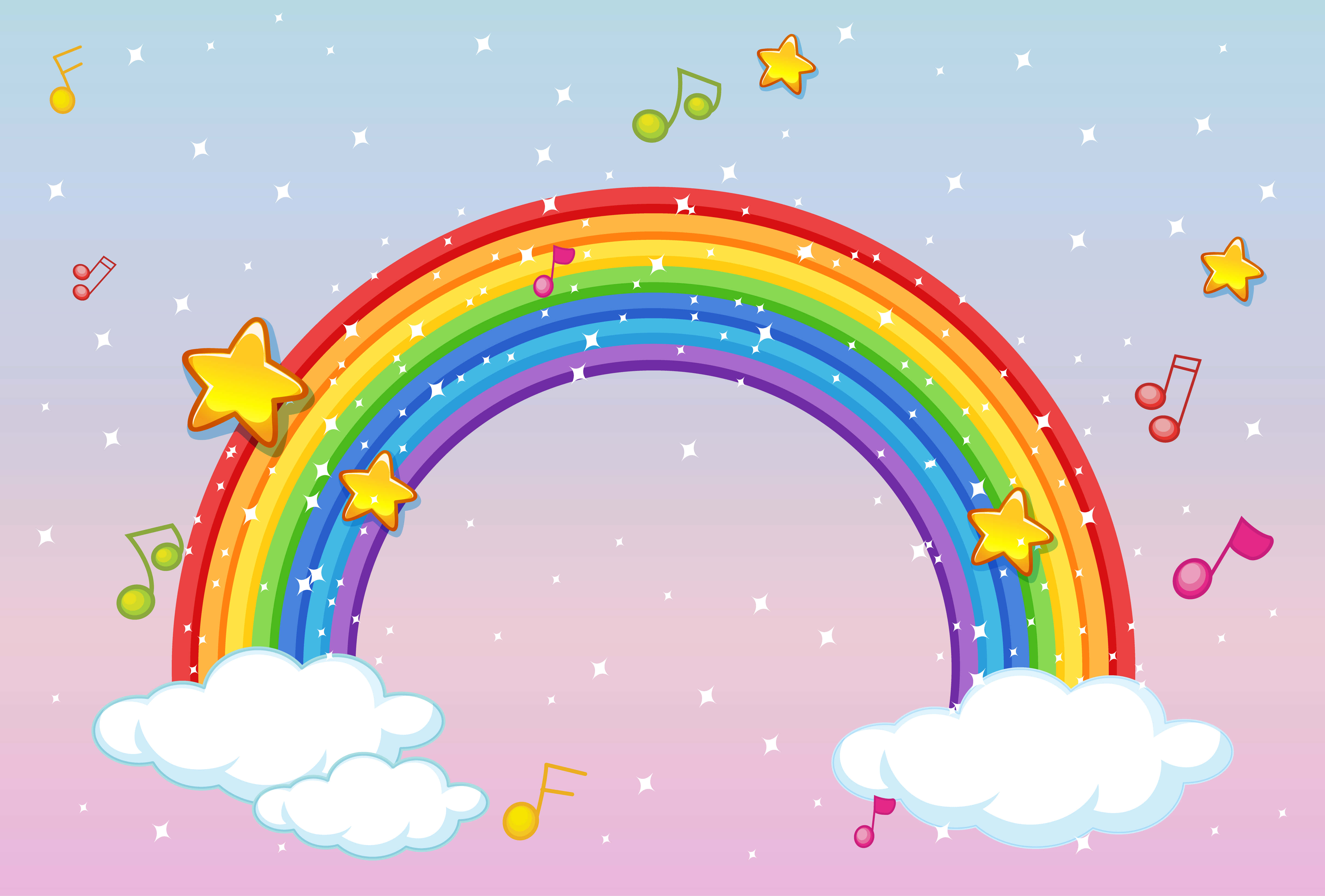 rainbow glitter, cartoon rainbow, fluffy clouds, 5K Desktop Wallpaper
