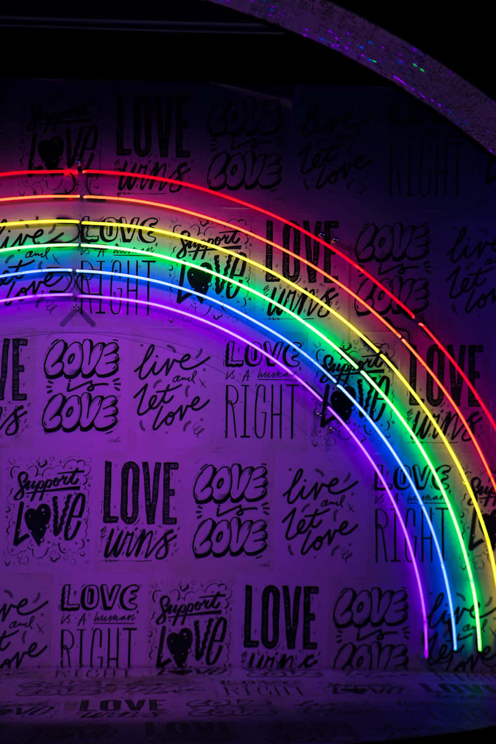 Rainbow Love Graffiti Art, rainbow neon tubes, dark wall, HD Phone Wallpaper