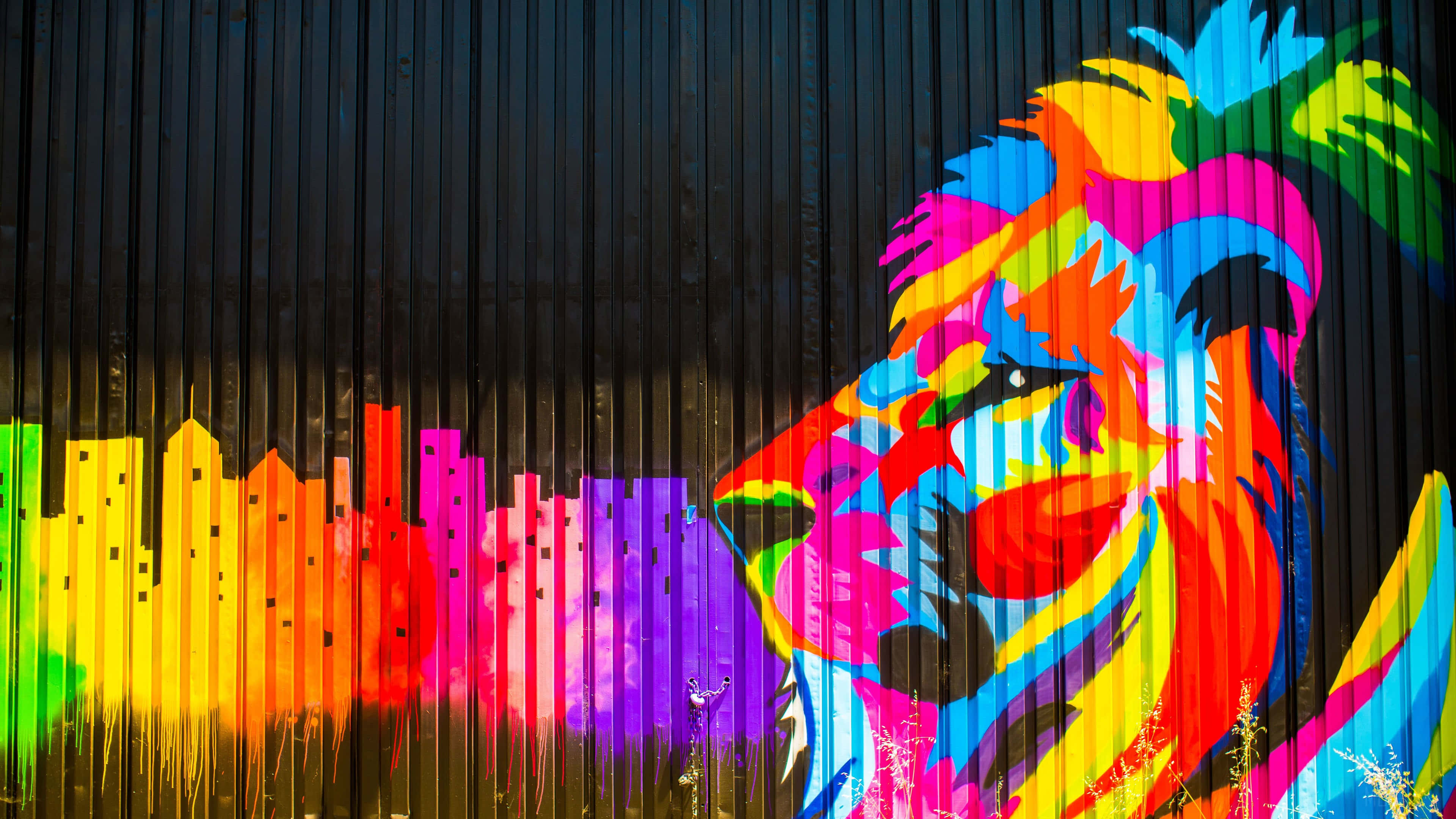 lion's head, rainbow cityscape, dark corrugated metal wall, 4K Desktop Wallpaper