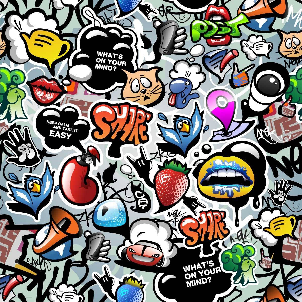graffiti-style sticker collage, cartoon characters, speech bubbles, SD Desktop Wallpaper