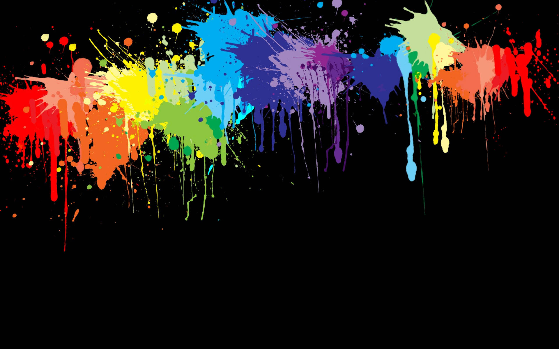 rainbow paint splatters, stark black background, dynamic explosion of color, Full HD Desktop Wallpaper