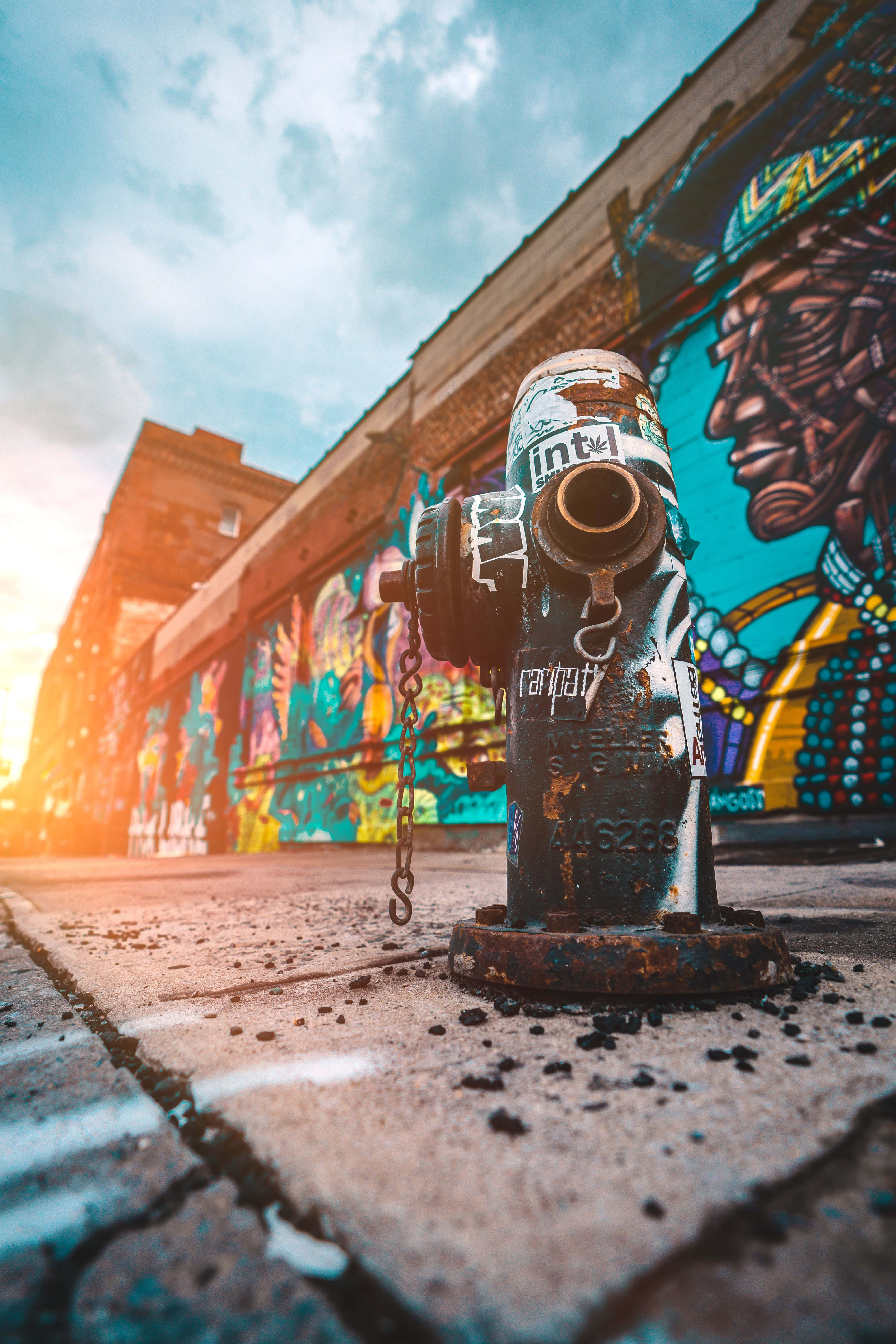 fire hydrant, stickers, cracked pavement, 5K Phone Wallpaper