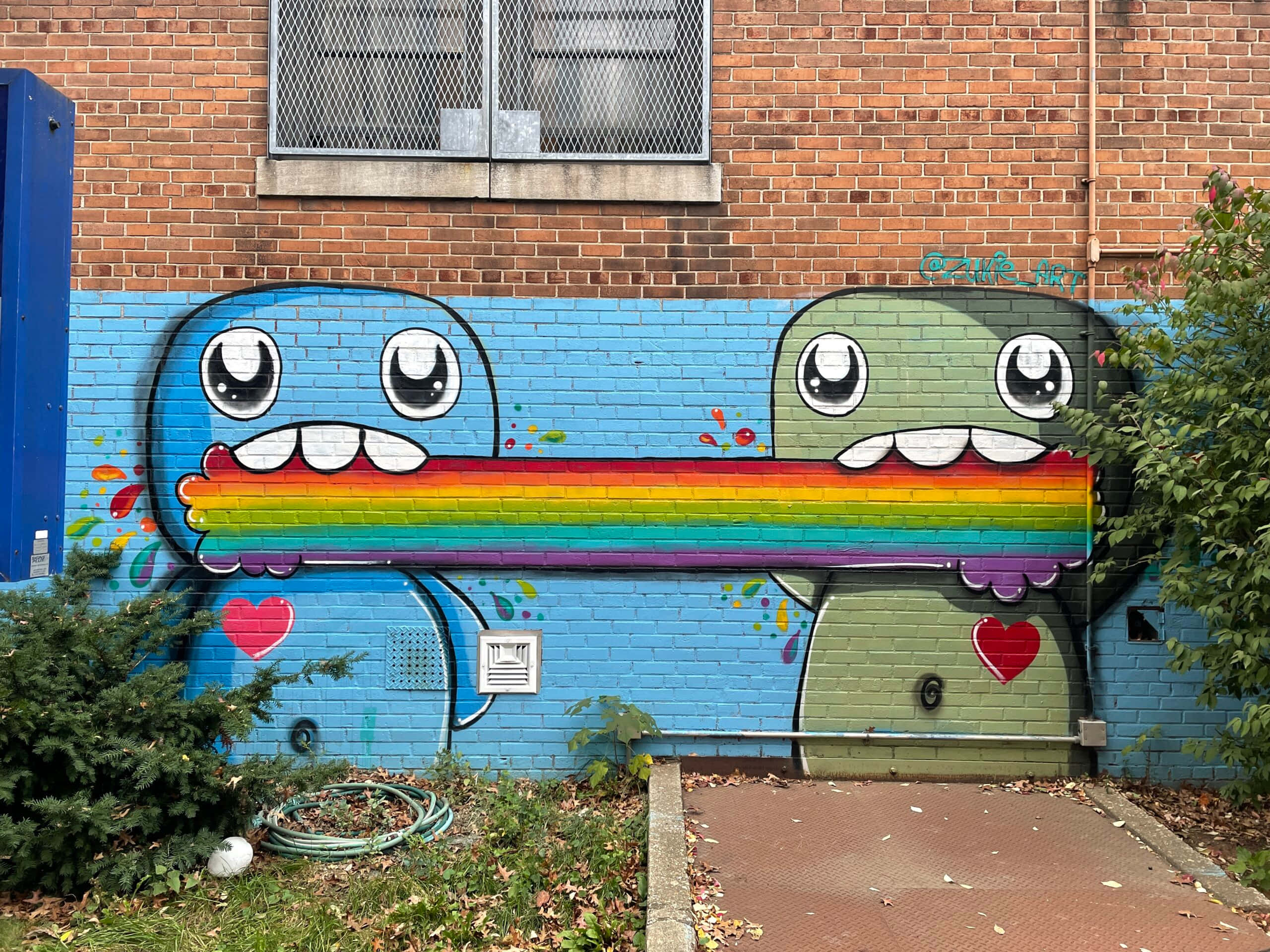 rainbow graffiti, brick wall mural, cartoon monsters, 2K Desktop Wallpaper