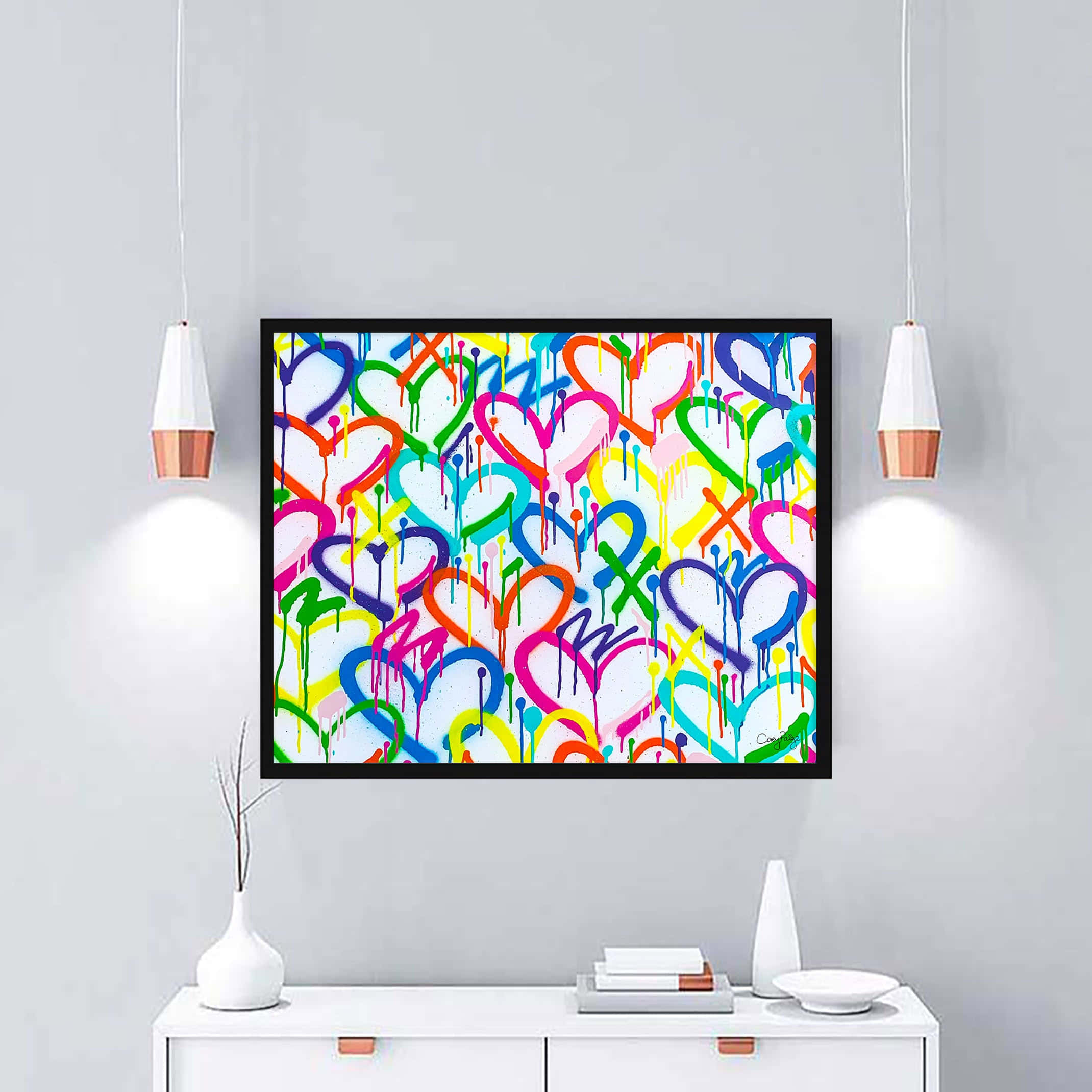 rainbow colors, graffiti-style hearts, white canvas, Full HD Desktop Wallpaper