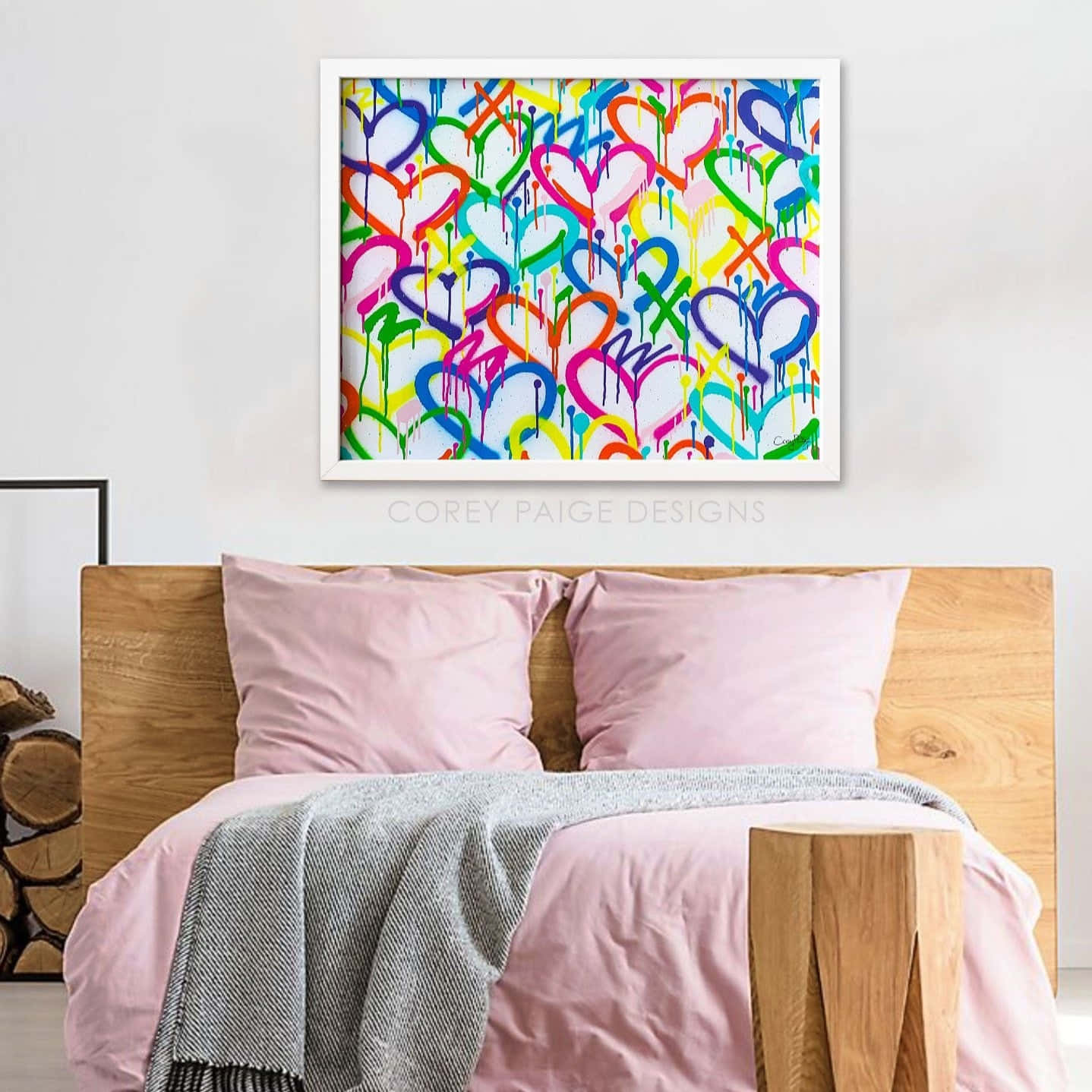 rainbow colors, graffiti-style hearts, white canvas, HD Desktop Wallpaper