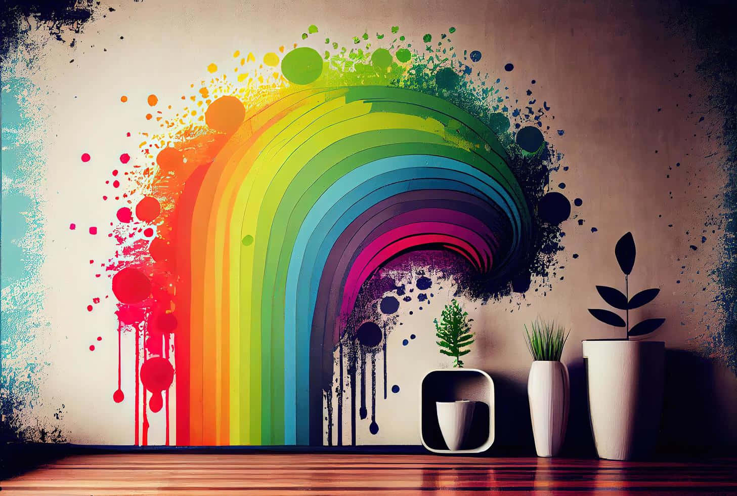 rainbow paint splatter, textured wall, minimalist potted plants, HD Desktop Wallpaper
