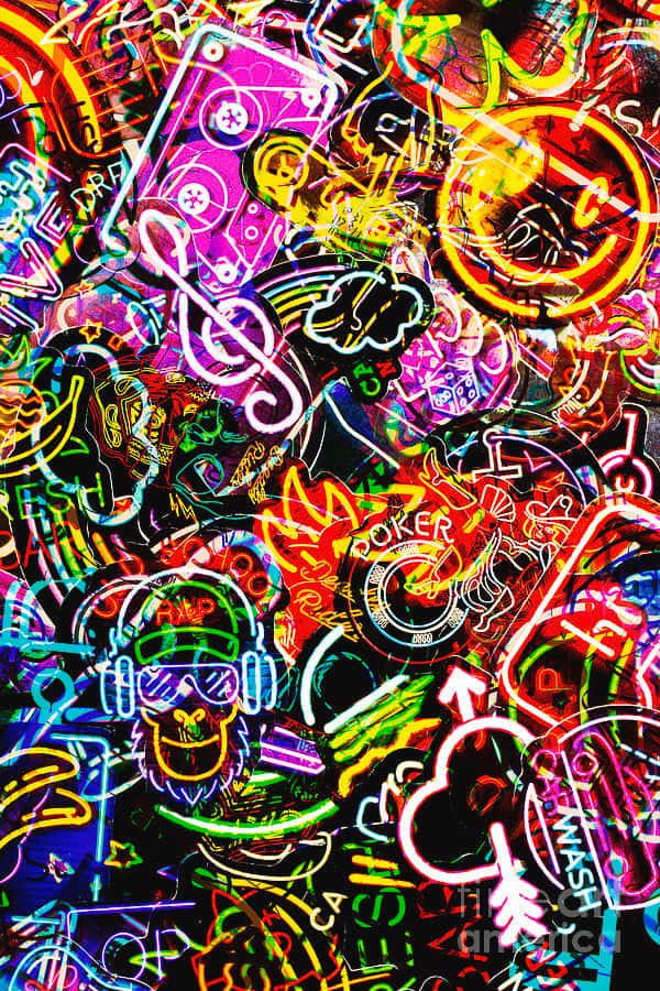 Vibrant Neon Graffiti Collage, neon graffiti, chaotic symbols, SD Phone Wallpaper