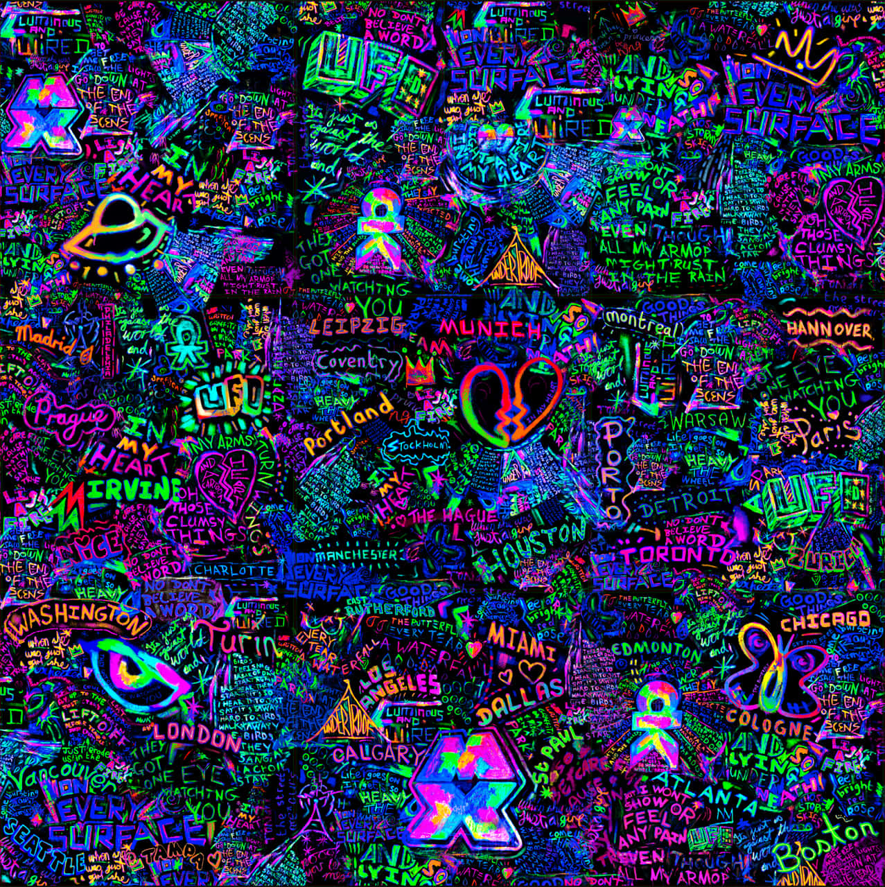 neon graffiti, electric purple, green