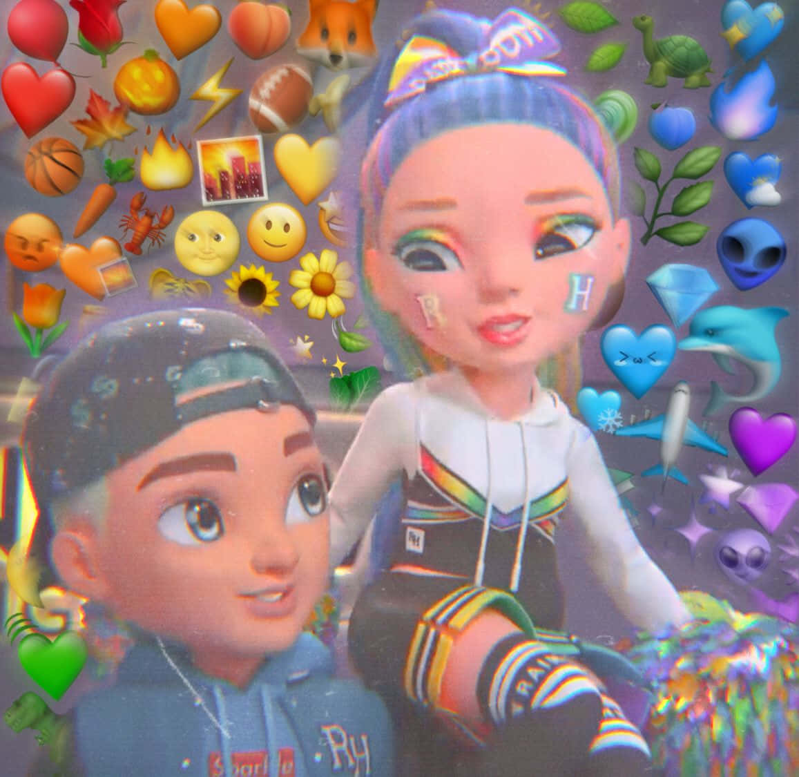 Rainbow High, glittery purple background, colorful emojis, SD Desktop Wallpaper