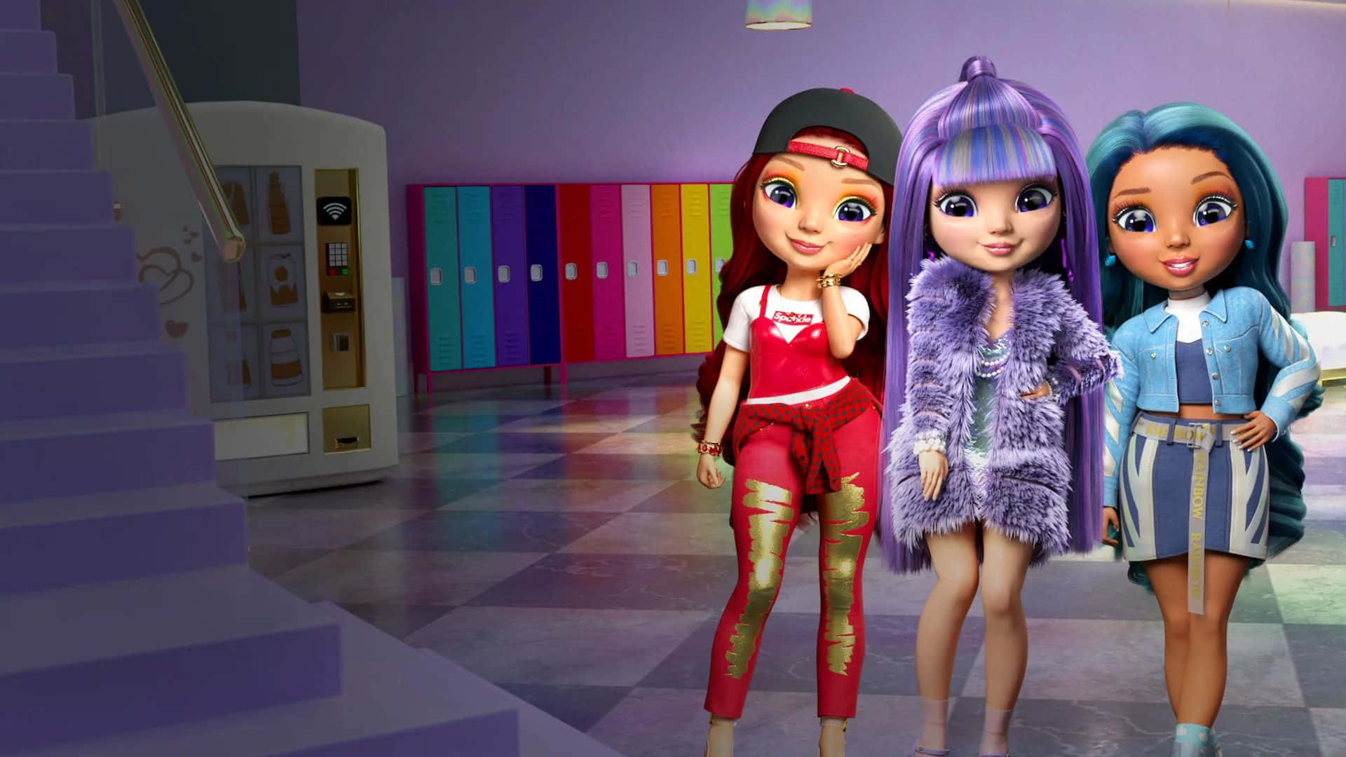 Rainbow High, colorful school hallway, rainbow lockers, Full HD Desktop Wallpaper