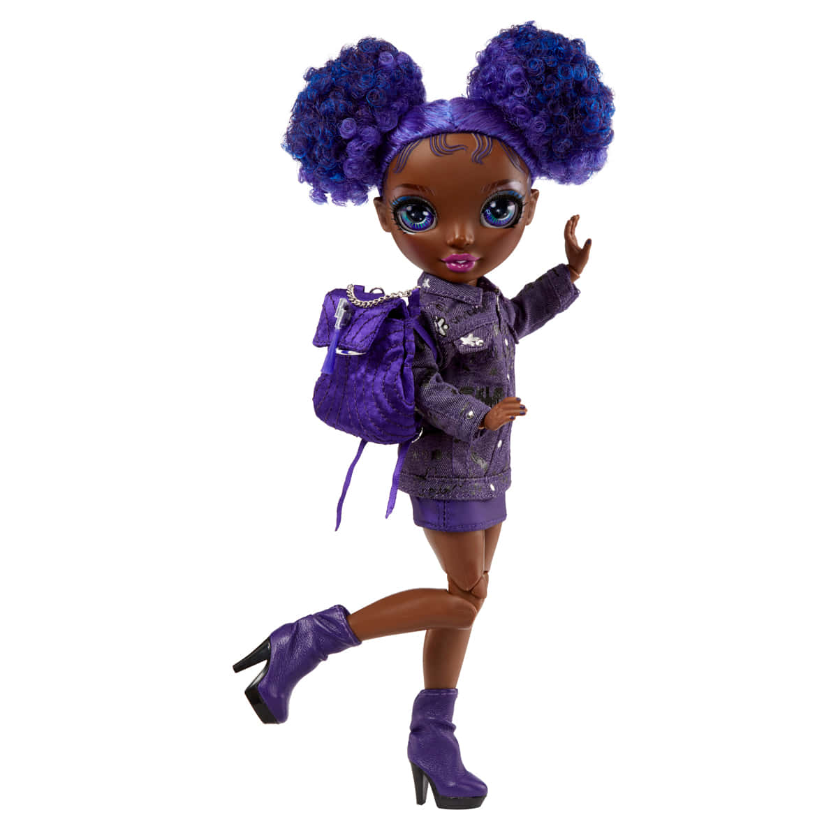 Rainbow High, vibrant purple curly puffs, matching outfit, SD Desktop Wallpaper