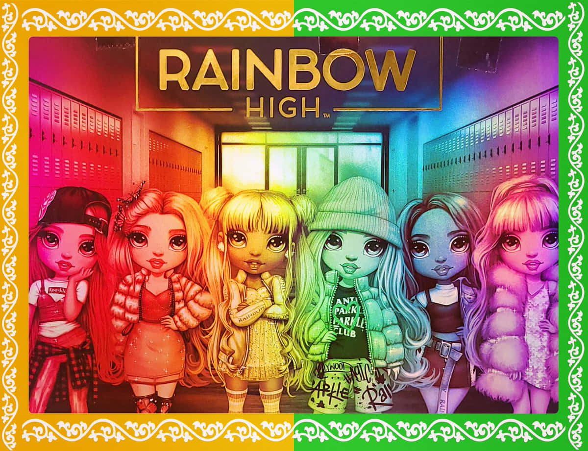 Rainbow High, rainbow-gradient school hallway, RAINBOW HIGH sign, SD Desktop Wallpaper