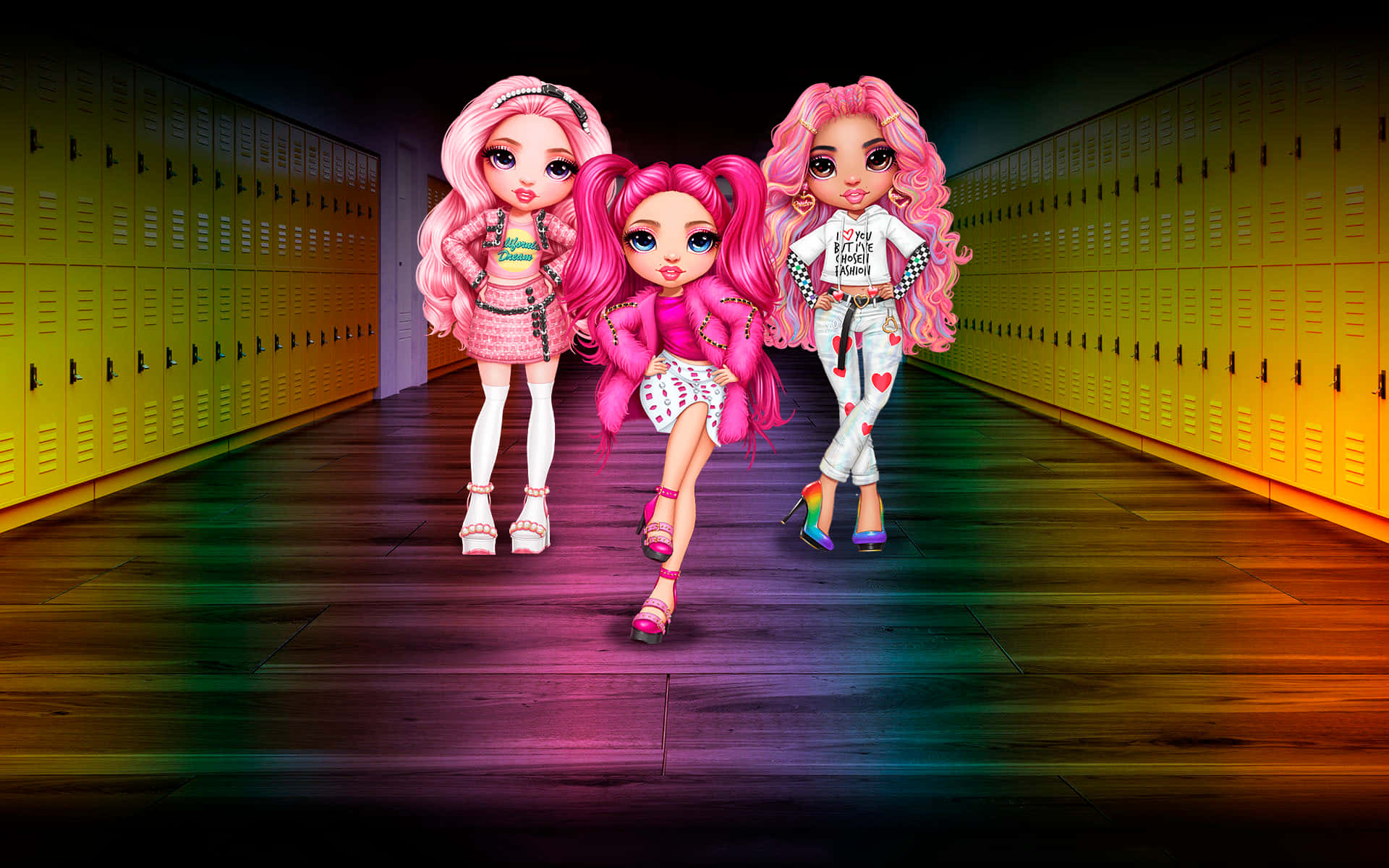 Rainbow High, pink hair, glowing yellow lockers, Full HD Desktop Wallpaper
