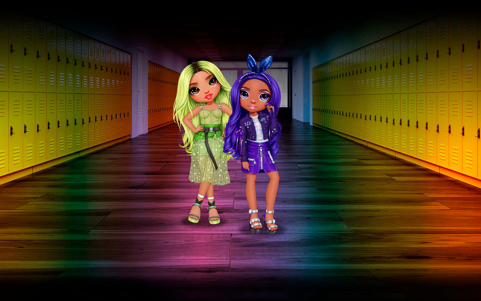 Rainbow High, anime girls, school hallway, Full HD Desktop Wallpaper