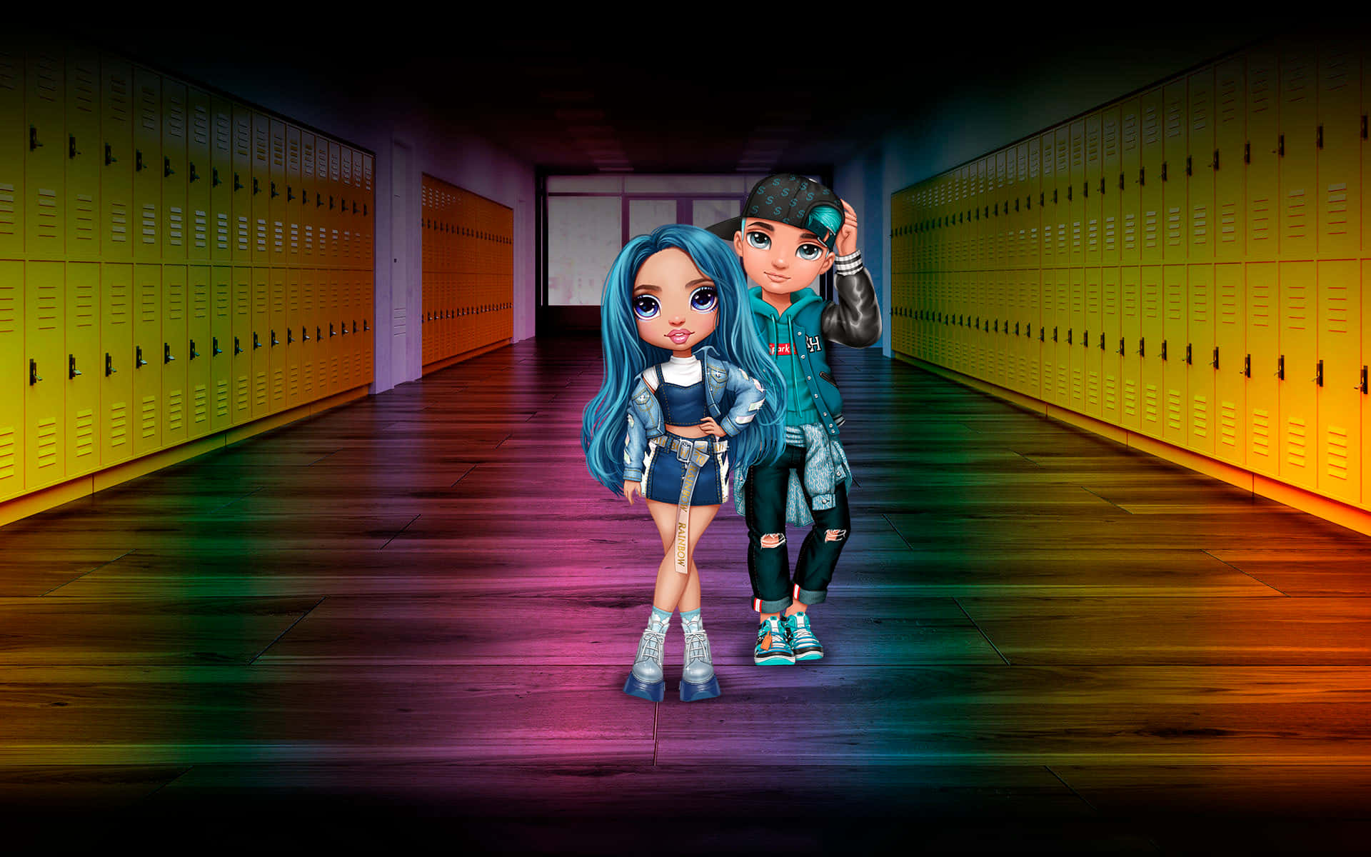 Rainbow High, anime-style teens, school hallway, Full HD Desktop Wallpaper