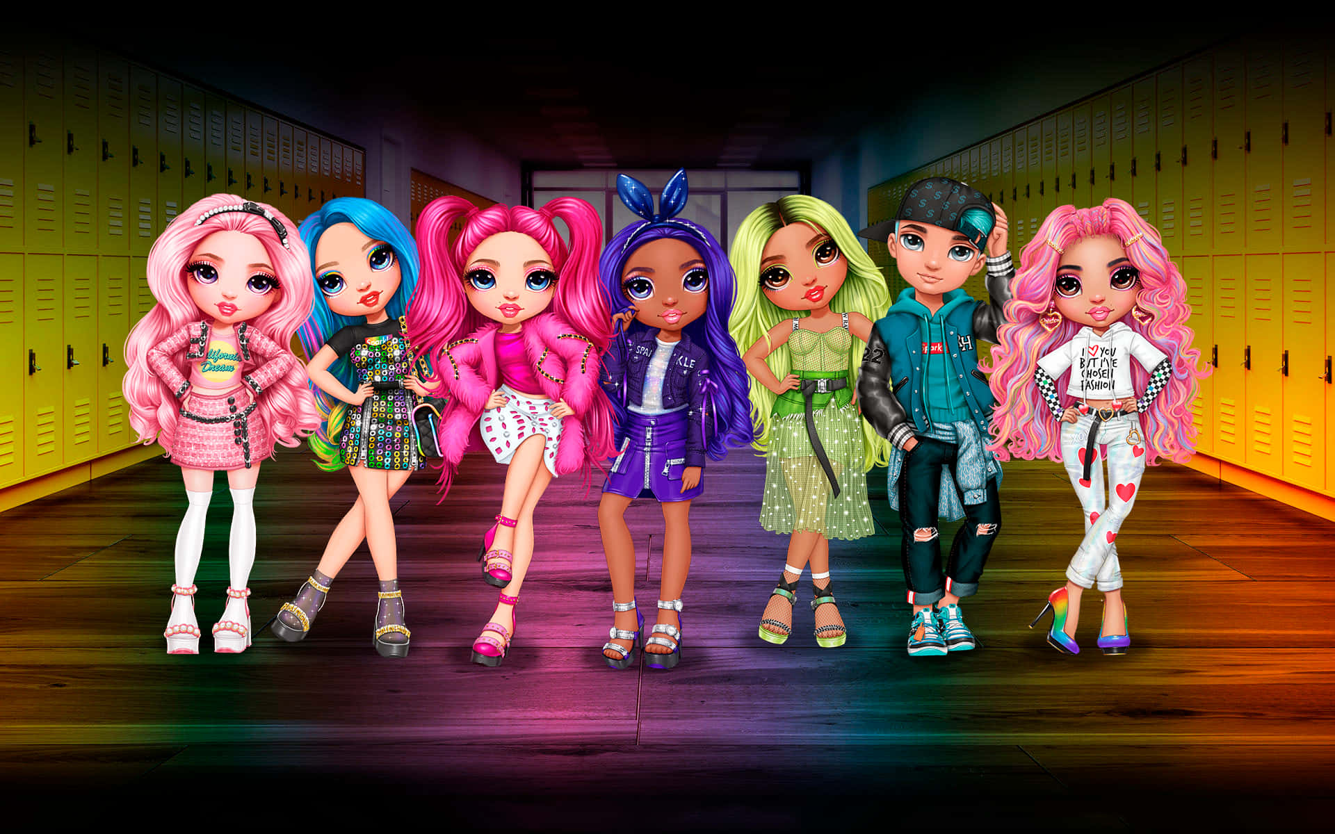 Rainbow High, yellow lockers, school hallway, Full HD Desktop Wallpaper