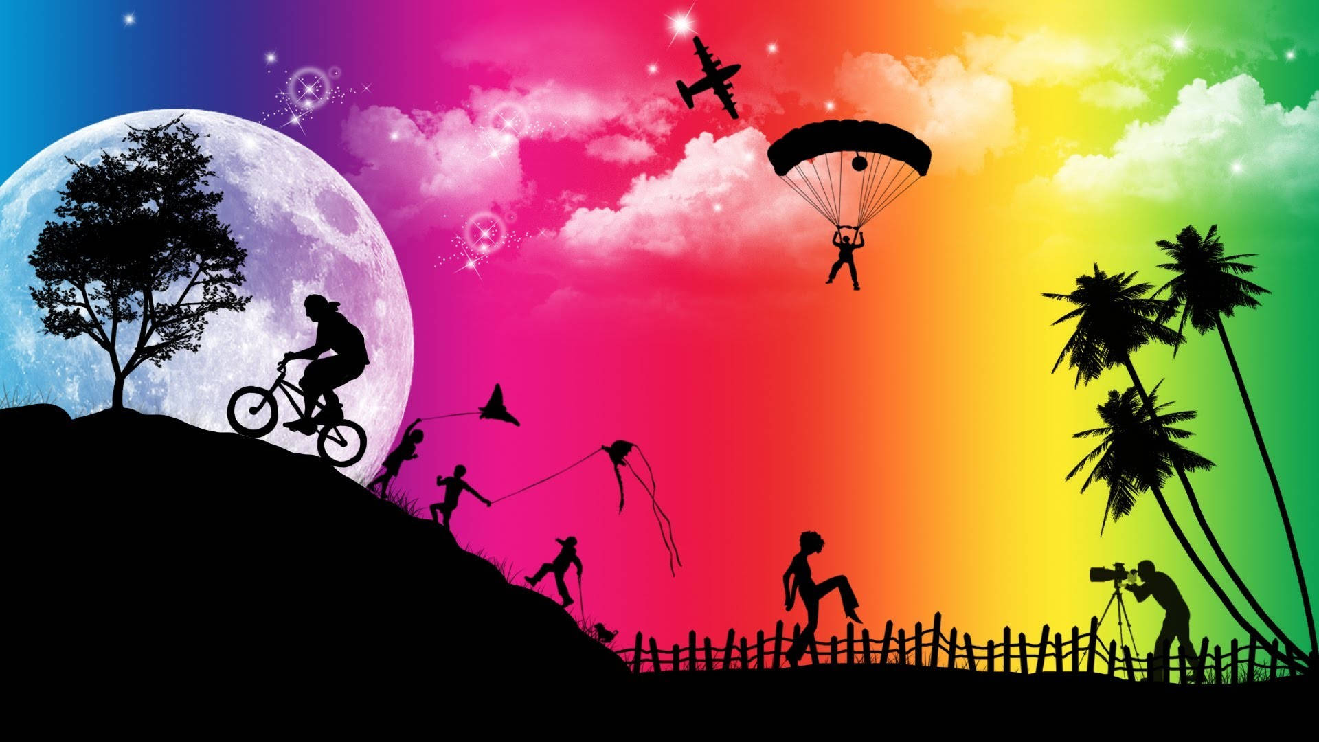 Rainbow High, vibrant rainbow sky, giant moon, Full HD Desktop Wallpaper