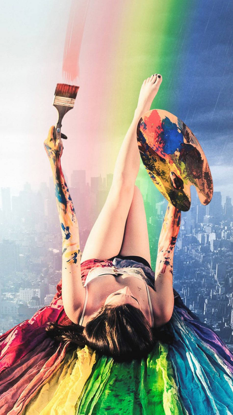 Rainbow High, rainbow hues, cityscape, HD Phone Wallpaper