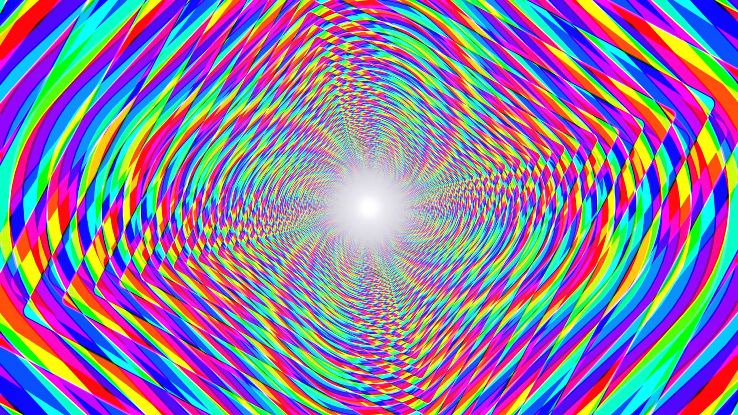 vibrant rainbow stripes, spiral inward, bright white center, 2K Desktop Wallpaper