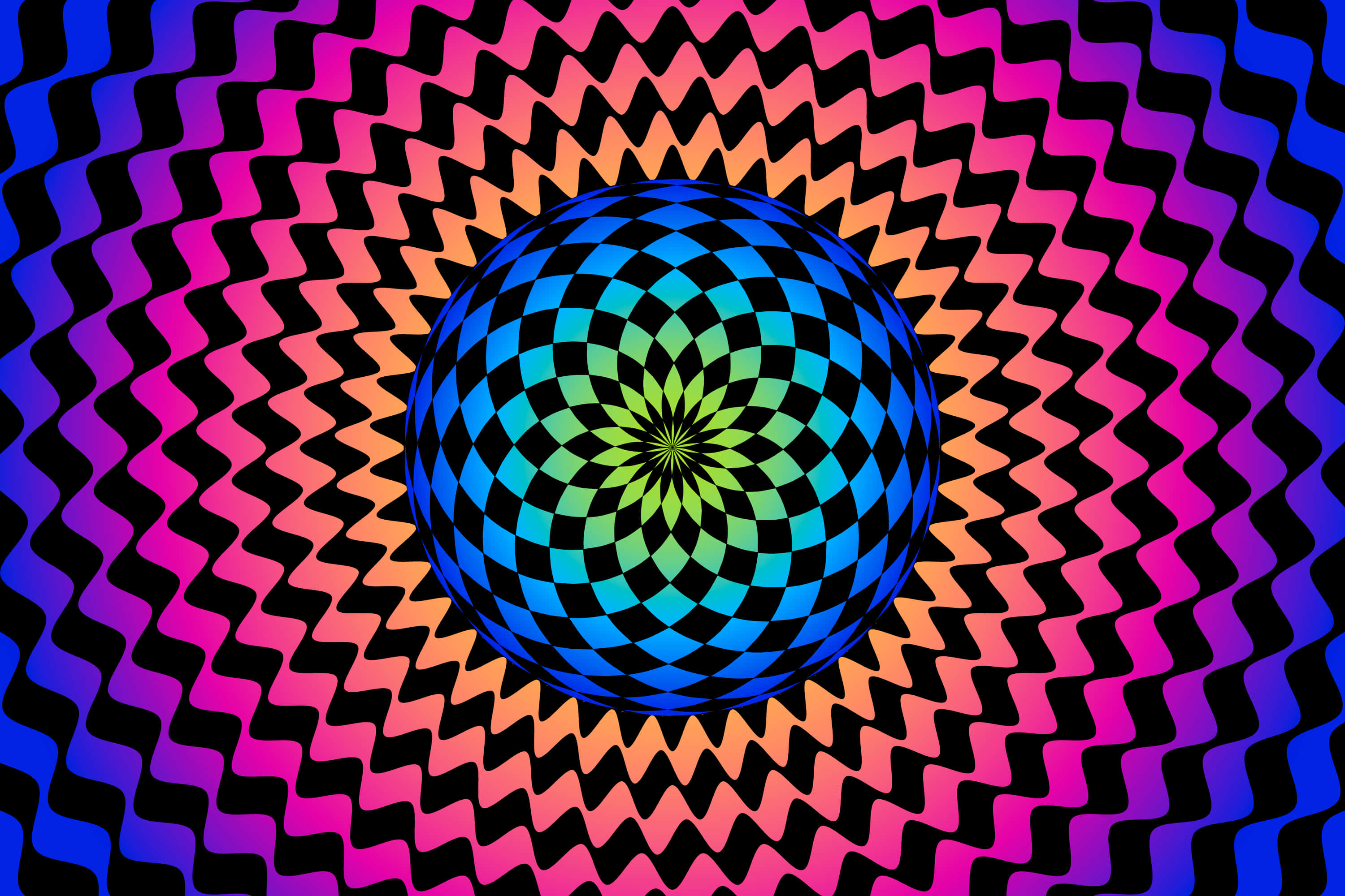 vibrant optical illusion sphere, checkered pattern, wavy bands of color, 2K Desktop Wallpaper