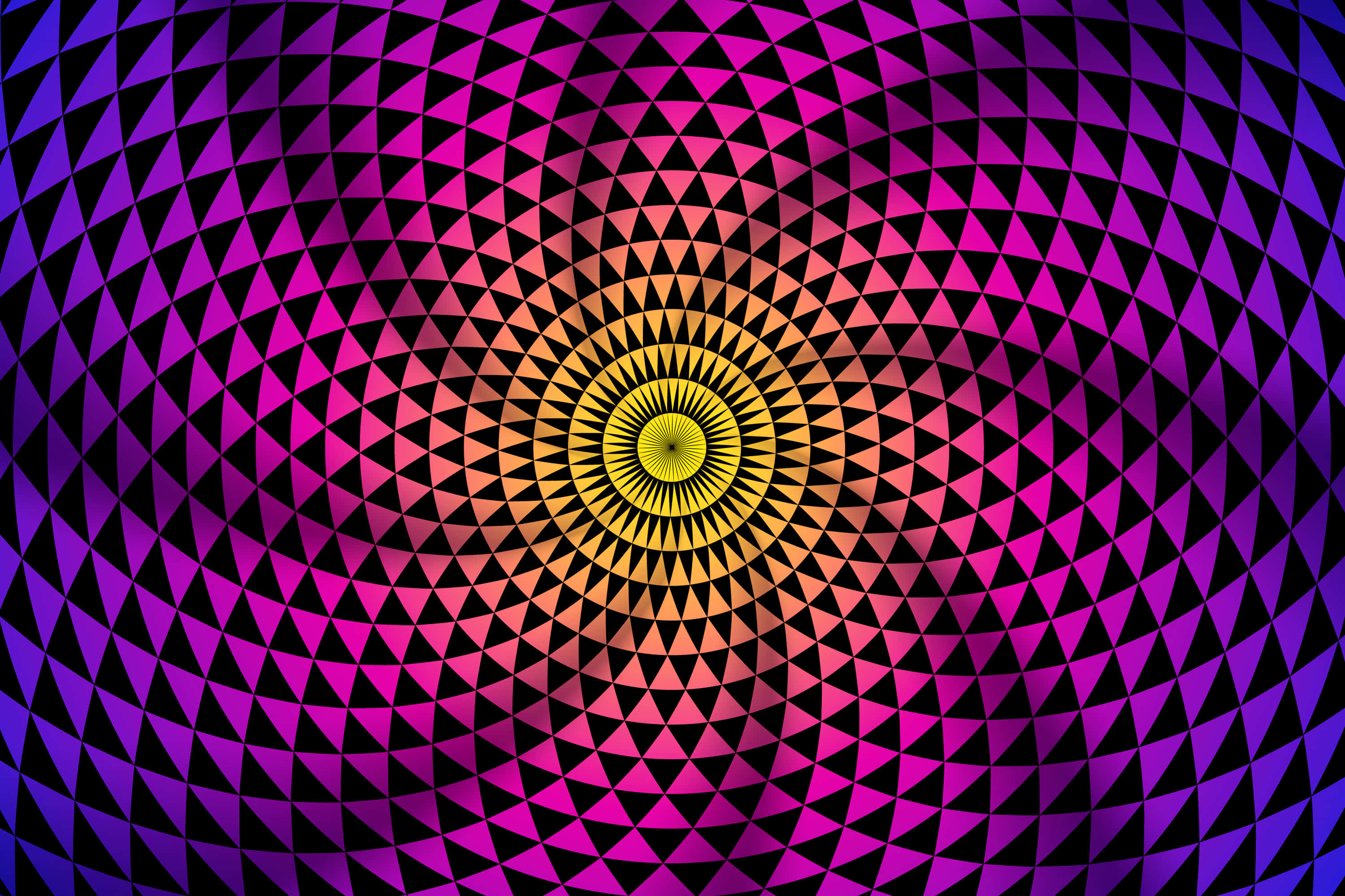 hypnotic spiral illusion, golden sunburst center, concentric triangles, 2K Desktop Wallpaper