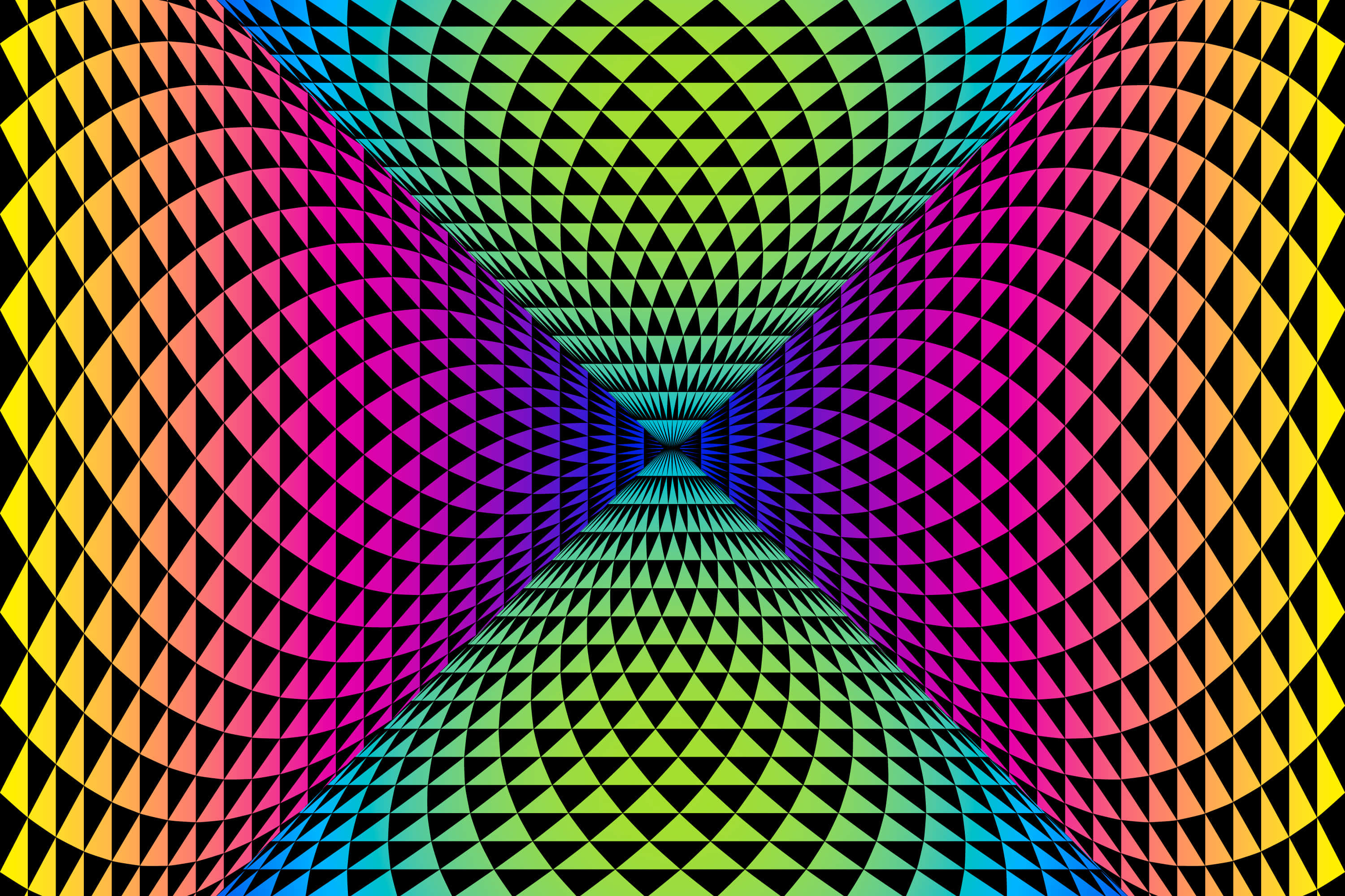 Vibrant Optical Tunnel Illusion, repeating triangles, glowing blue center, 2K Desktop Wallpaper