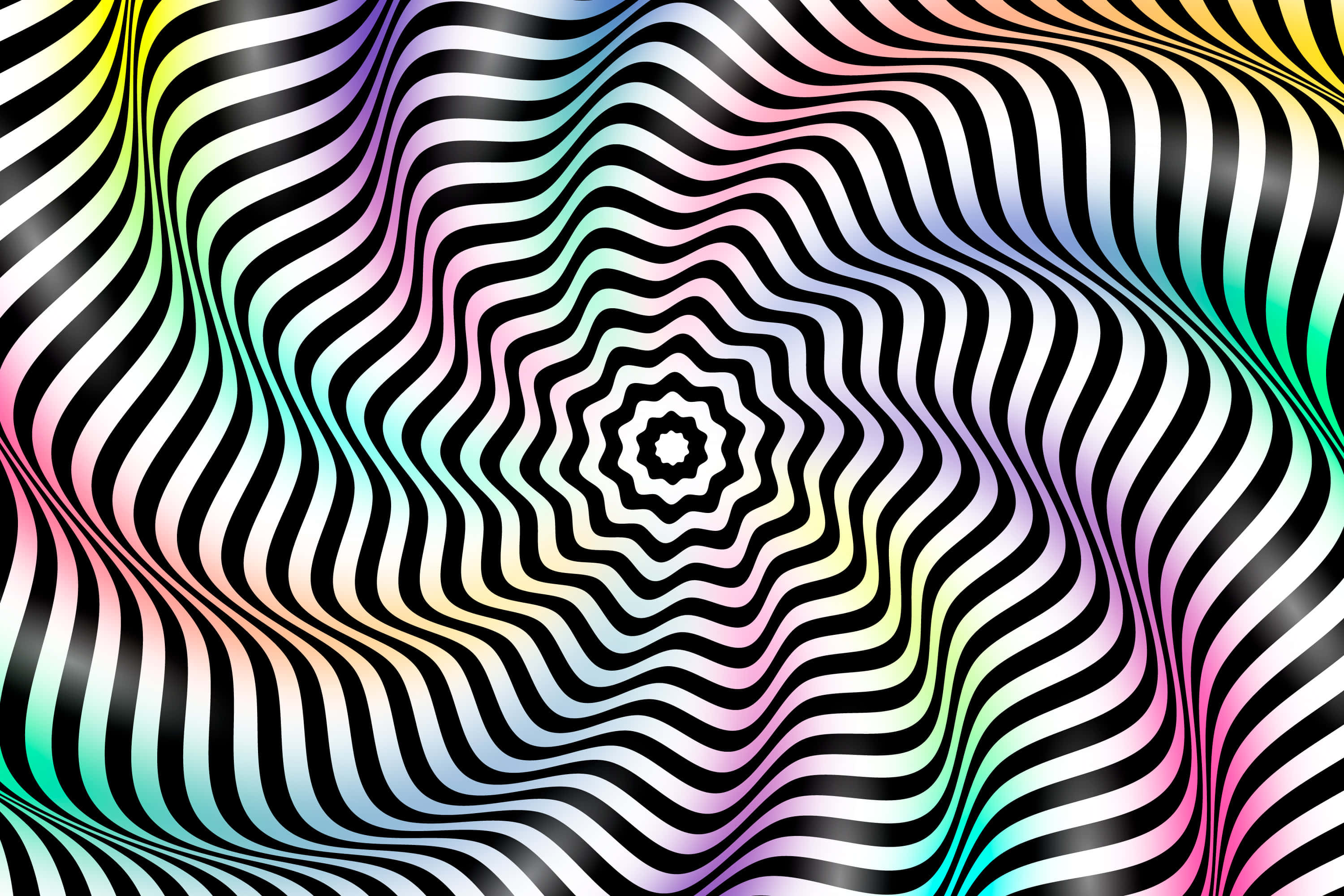vibrant optical wave illusion, black and rainbow hues, spiral inward, 2K Desktop Wallpaper