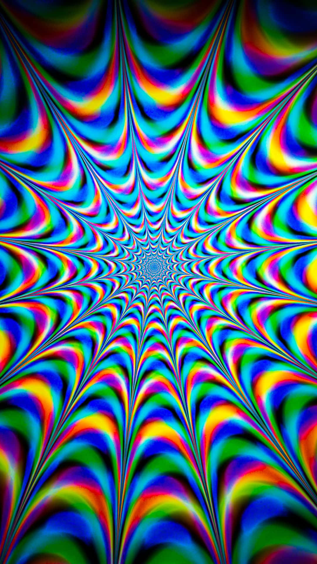 vibrant optical vortex illusion, rainbow-colored radial stripes, hypnotic starburst pattern, Full HD Phone Wallpaper