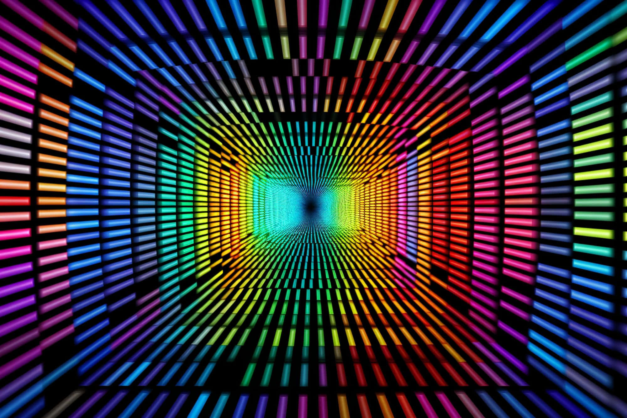 vibrant rainbow-colored neon stripes, glowing center, digital tunnel, Full HD Desktop Wallpaper