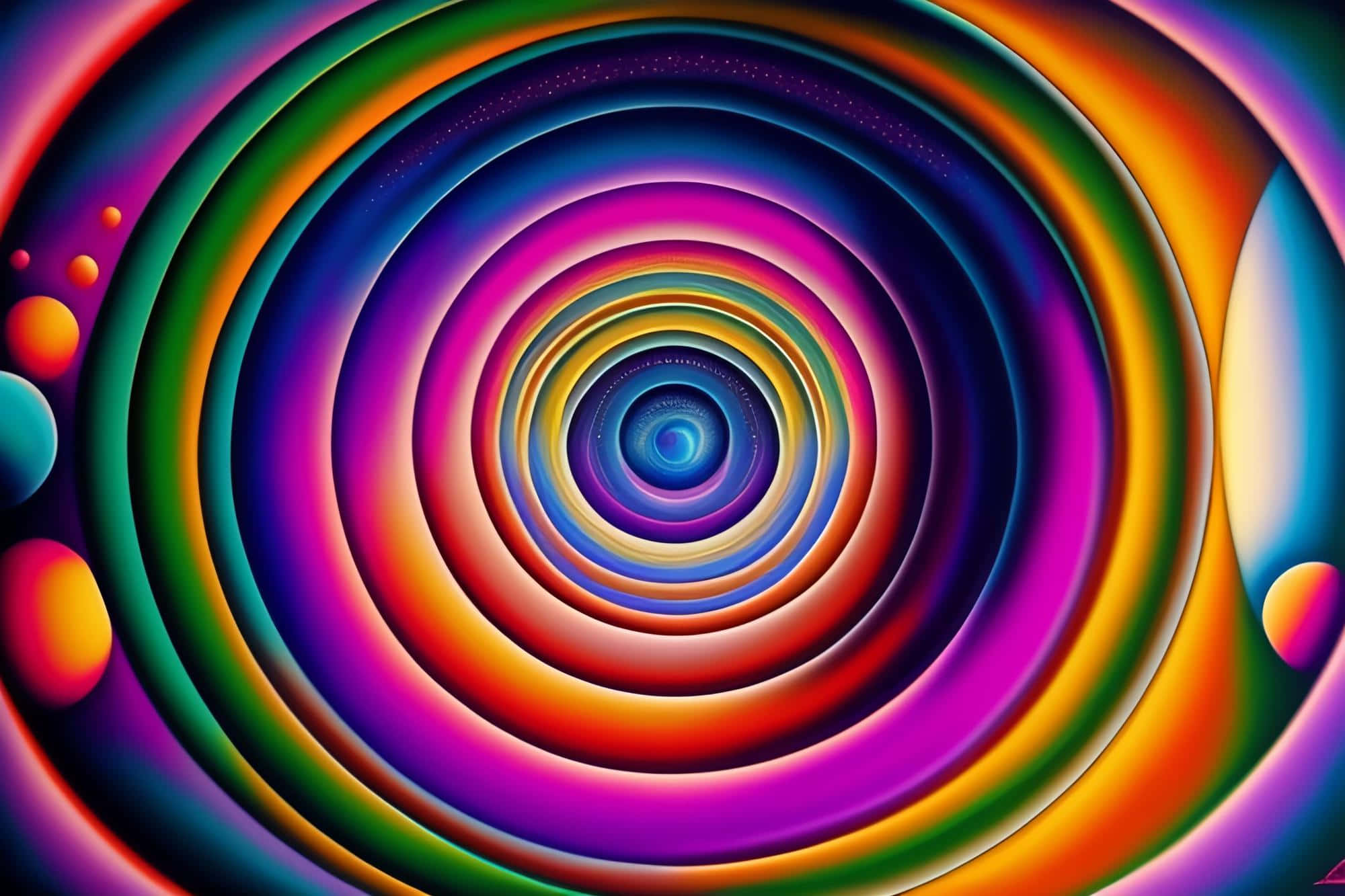 vibrant rainbow spiral illusion, concentric rainbow swirls, glowing blue core, Full HD Desktop Wallpaper