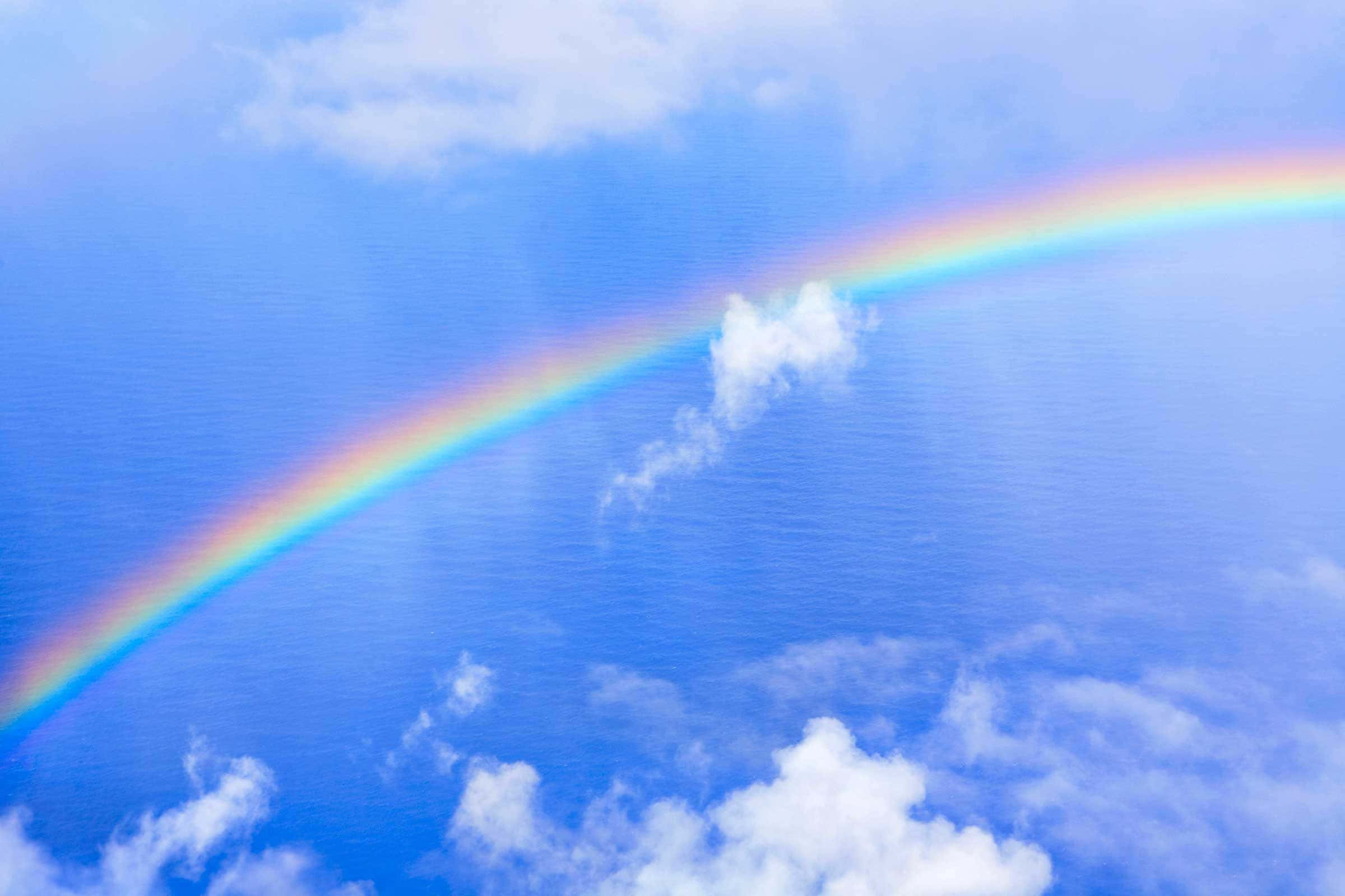 vibrant sky rainbow, serene blue ocean, partly cloudy sky, Full HD Desktop Wallpaper