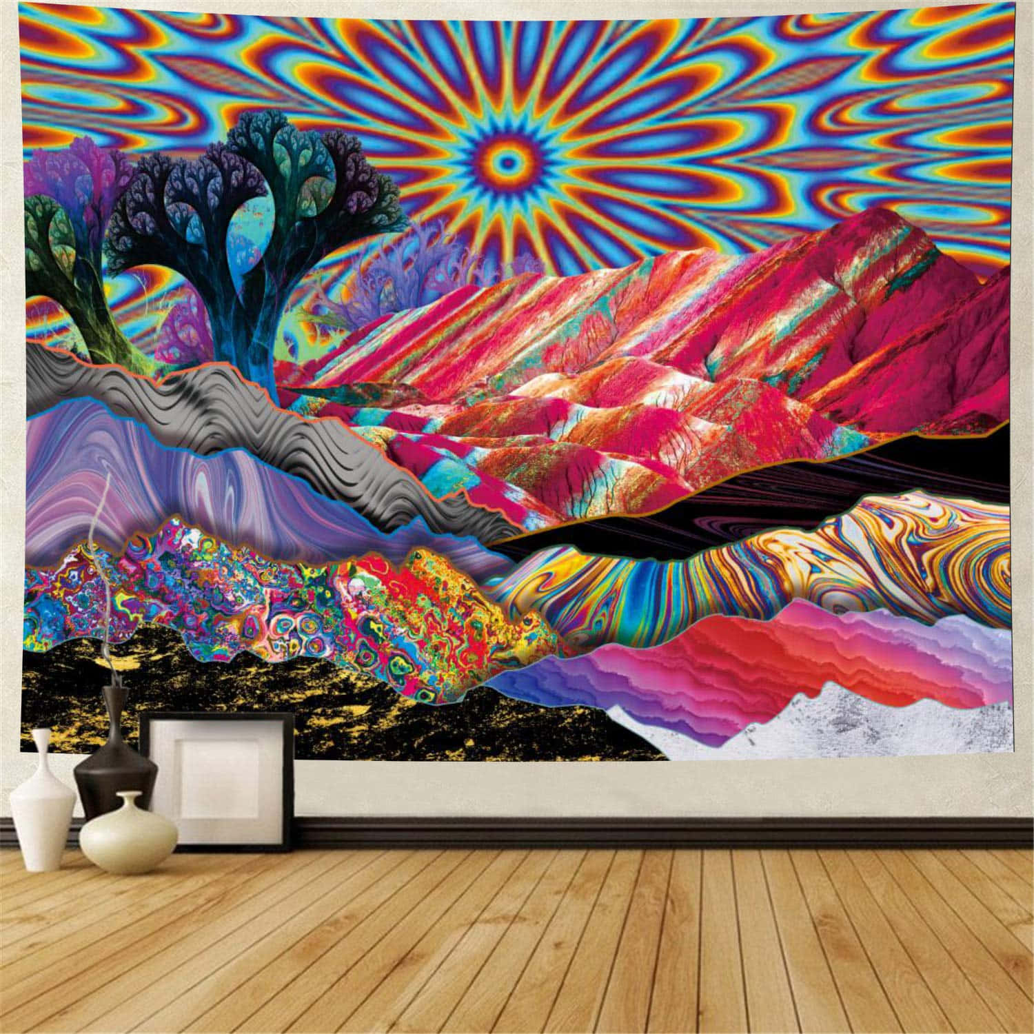 rainbow illusion, psychedelic landscape, fractal trees, HD Desktop Wallpaper