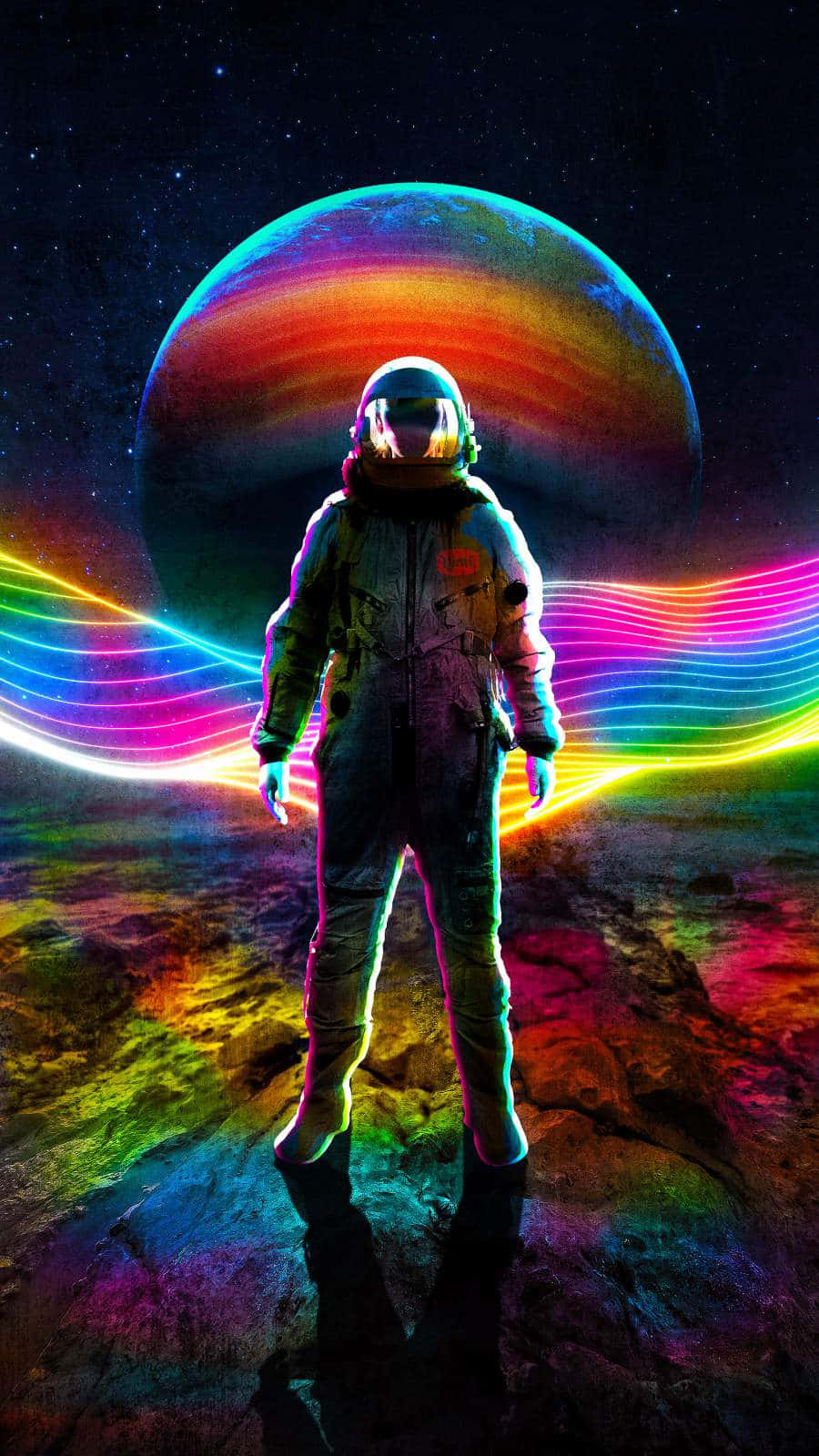 astronaut, rainbow-colored planet, neon light trails, HD Phone Wallpaper