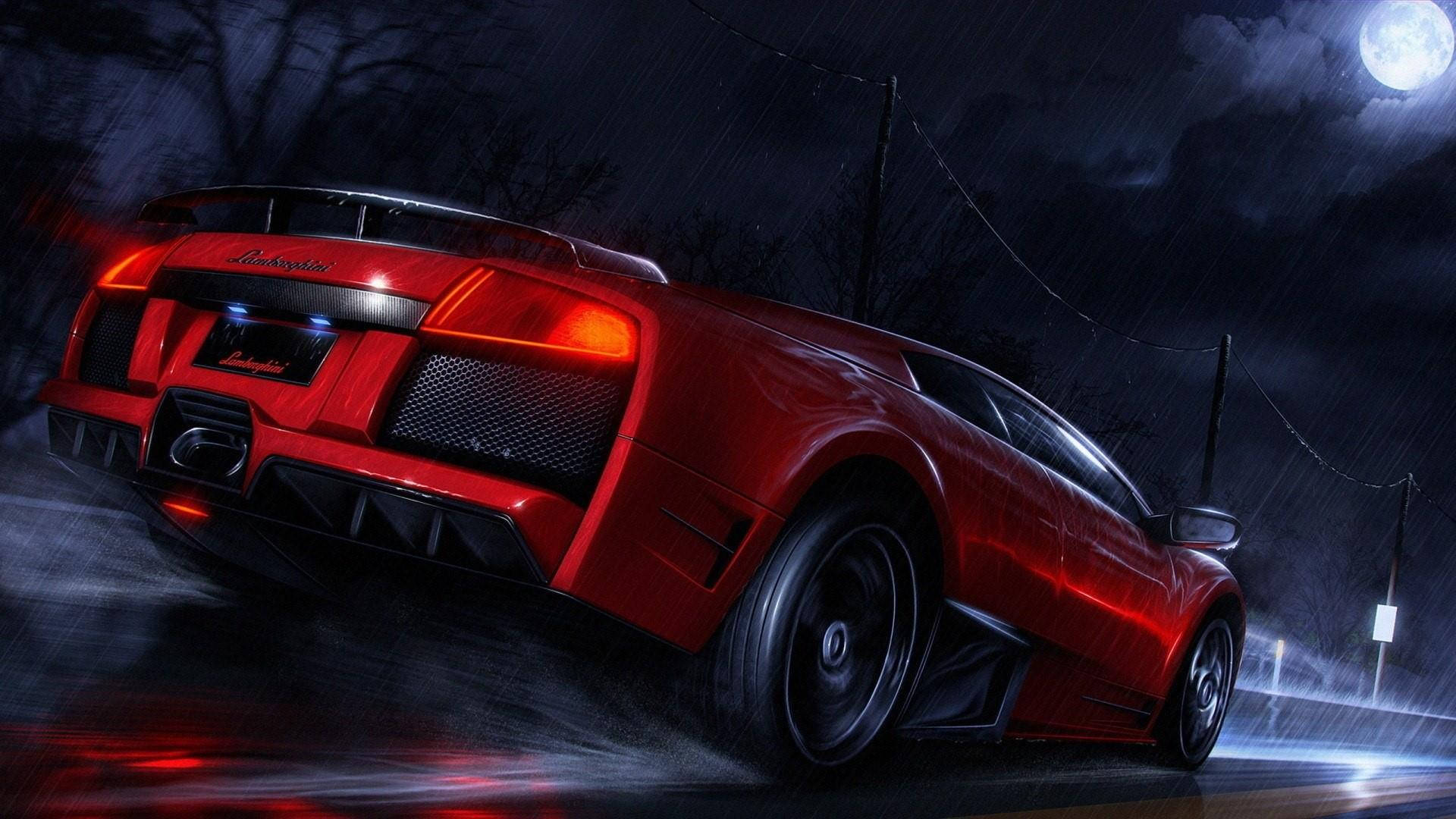 red Lamborghini, rainy night, full moon, Full HD Desktop Wallpaper