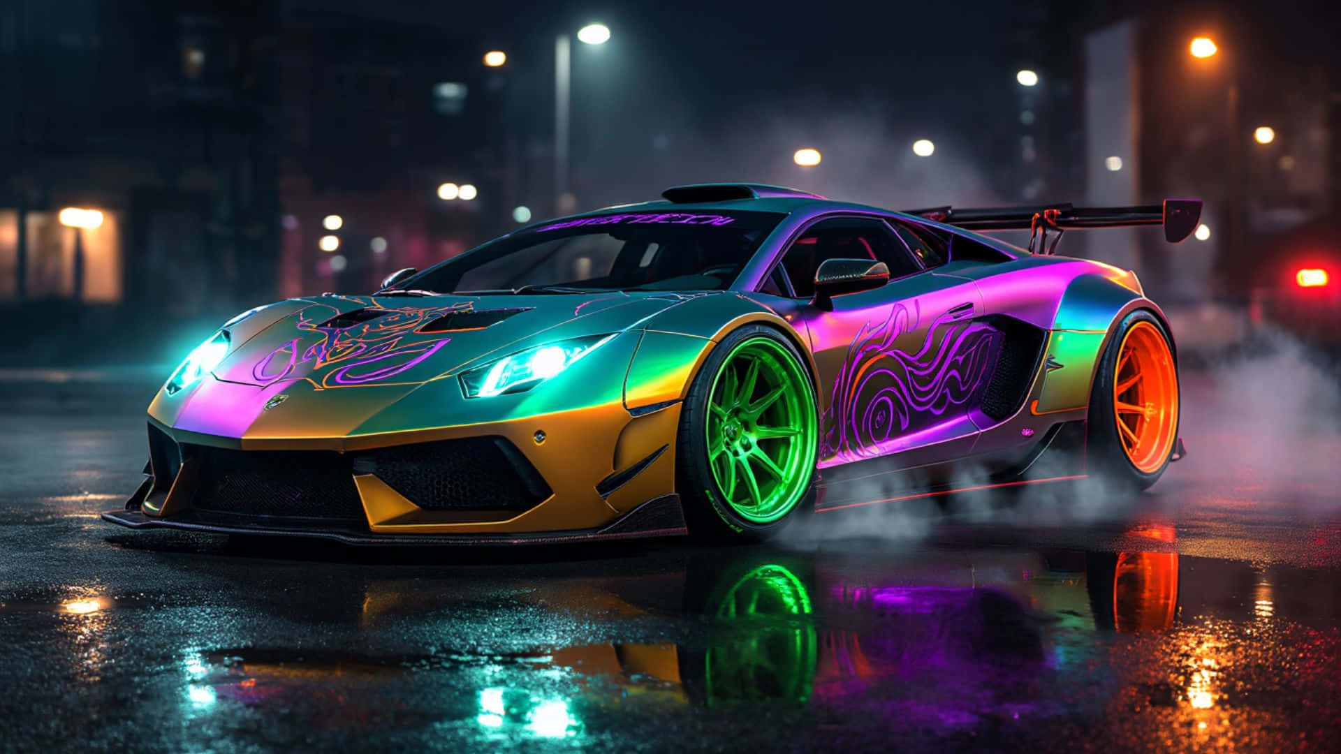 Rainbow Lamborghini, neon-lit sports car, glowing green wheels, Full HD Desktop Wallpaper