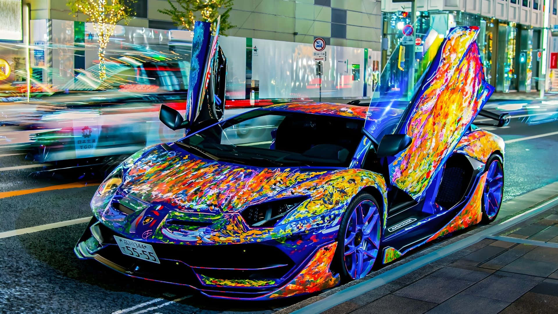 Rainbow Lamborghini, scissor doors, neon-lit city street, Full HD Desktop Wallpaper