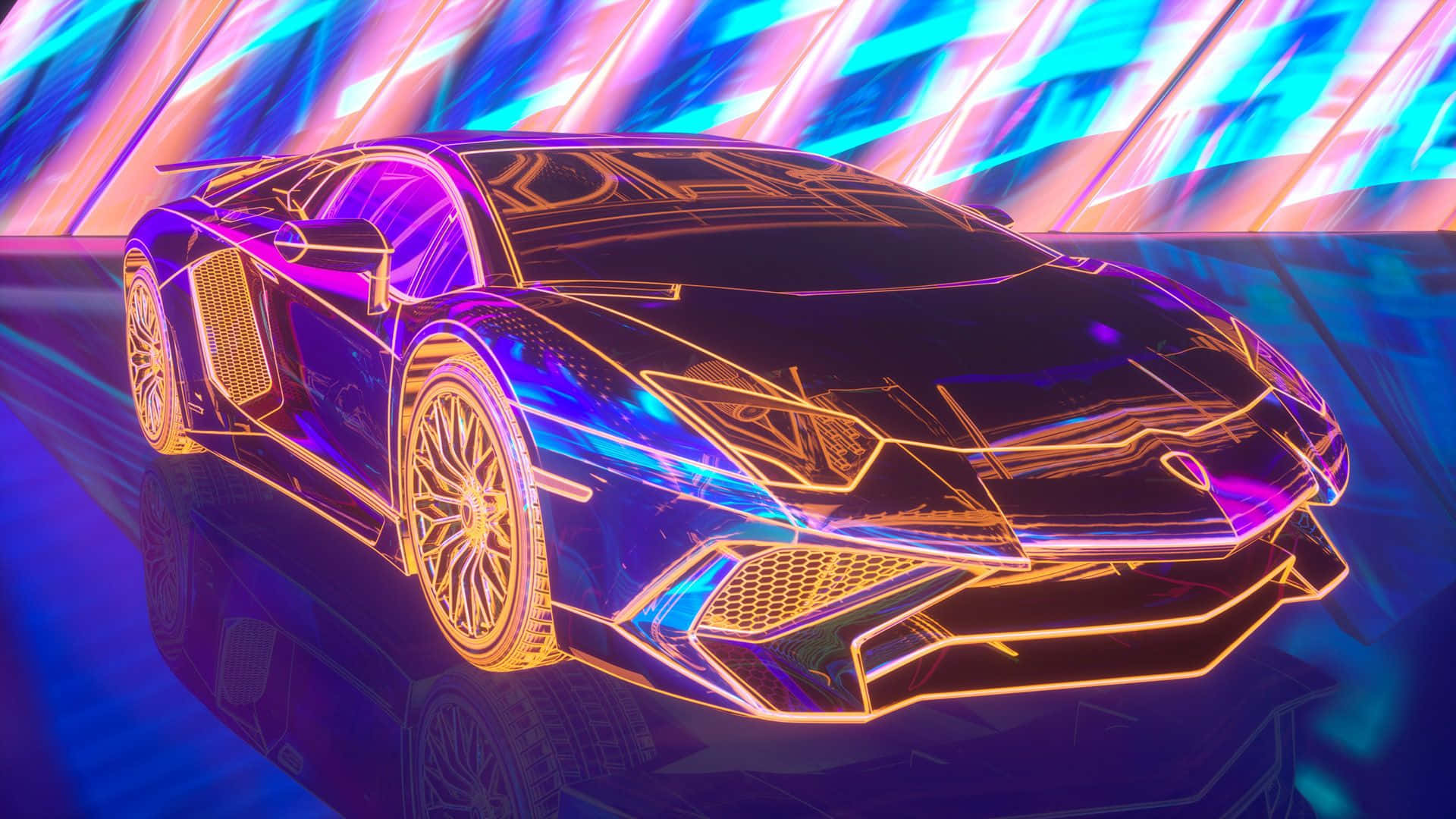 Rainbow Lamborghini, neon sports car, orange and purple outlines, Full HD Desktop Wallpaper