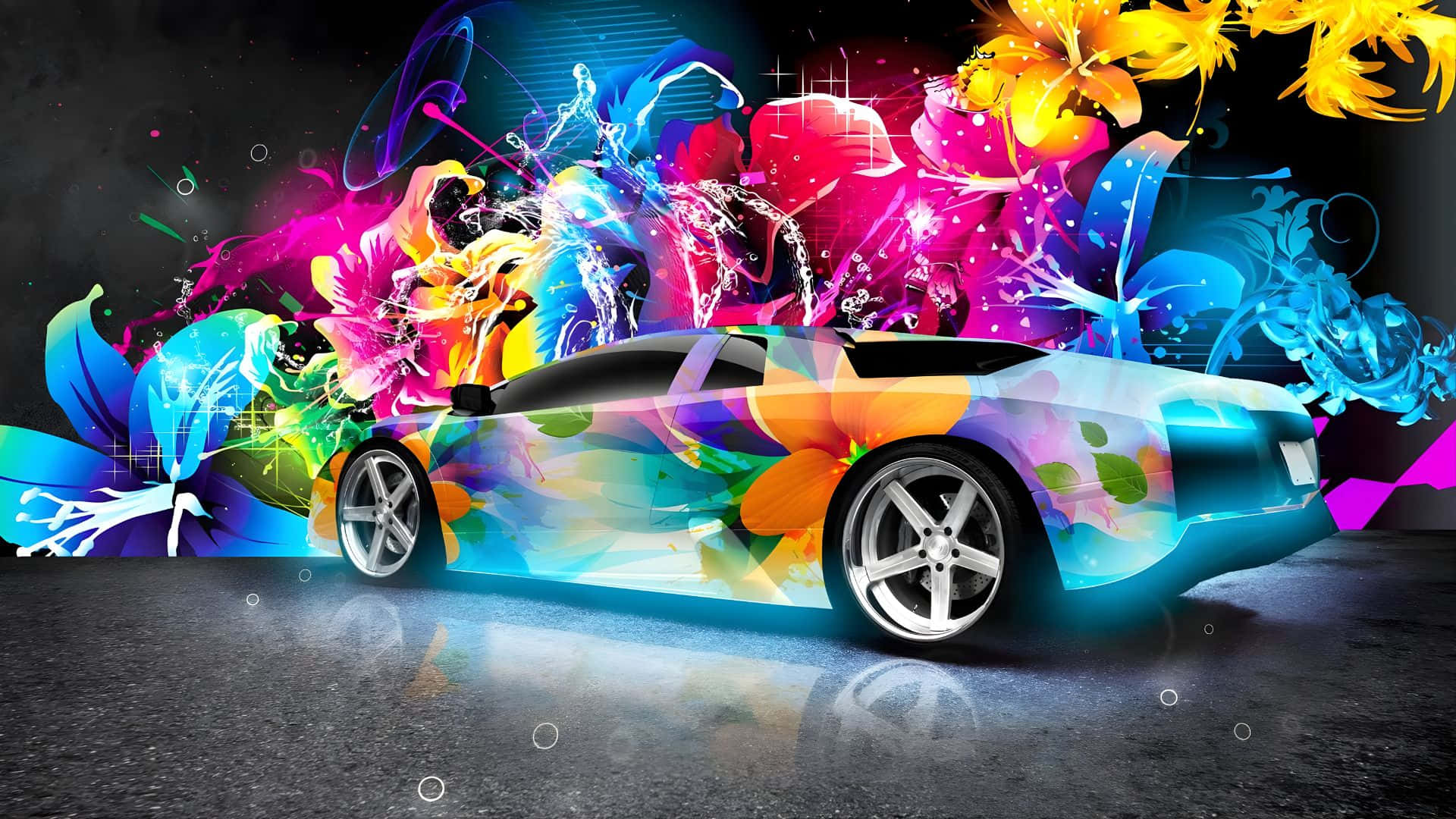 Rainbow Lamborghini, neon flowers, glowing abstract patterns, Full HD Desktop Wallpaper