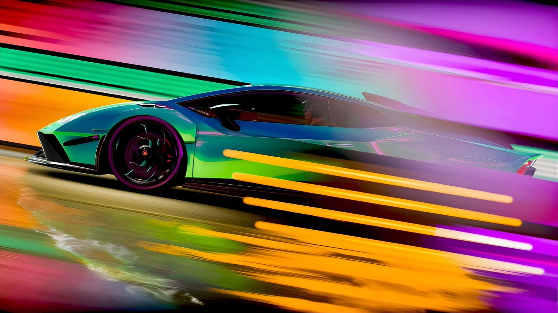 Rainbow Lamborghini, green sports car, neon tunnel, Full HD Desktop Wallpaper