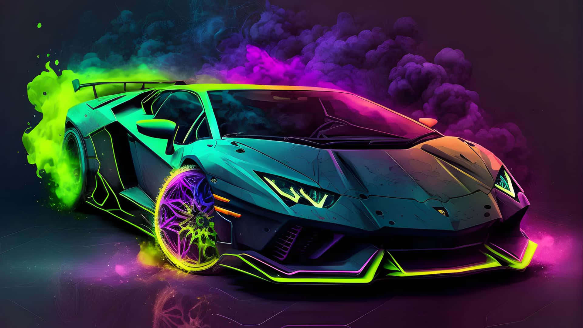 Rainbow Lamborghini, neon-lit sports car, glowing green and purple accents, Full HD Desktop Wallpaper