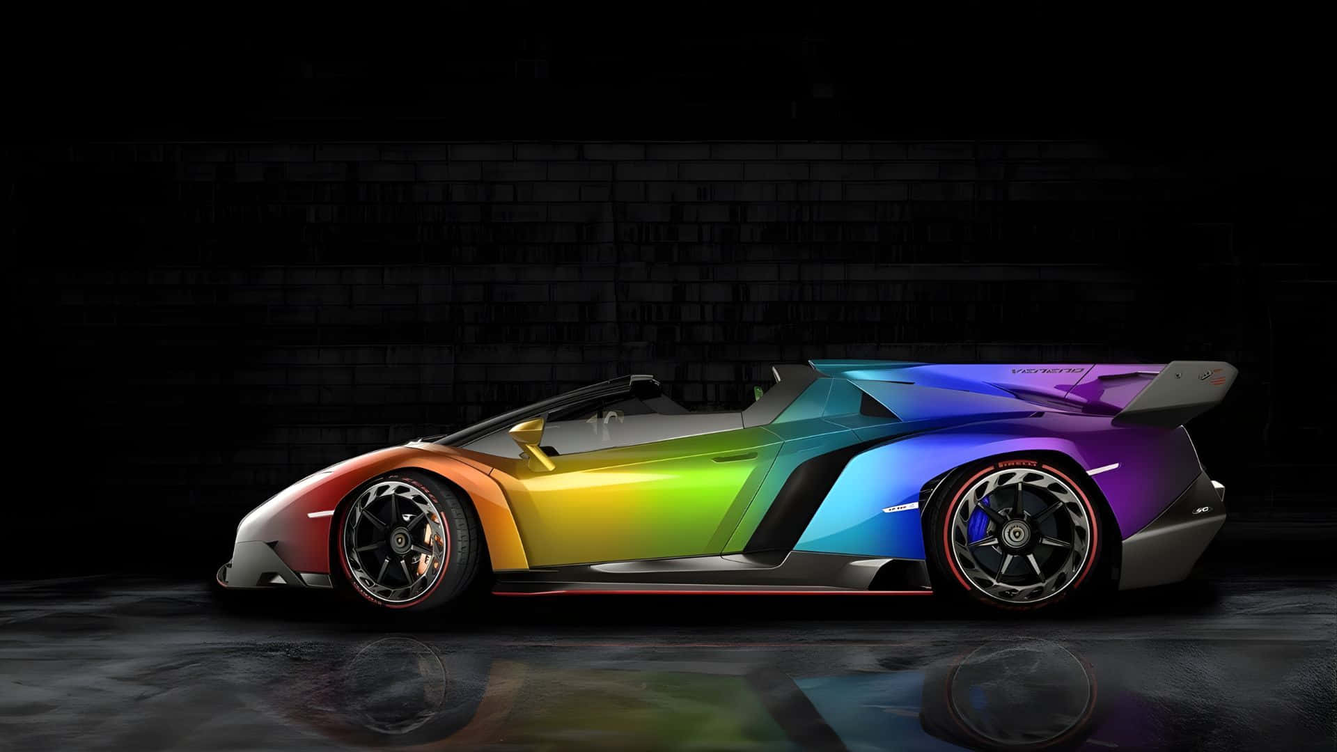 rainbow Lamborghini, sports car, reflective surface, Full HD Desktop Wallpaper