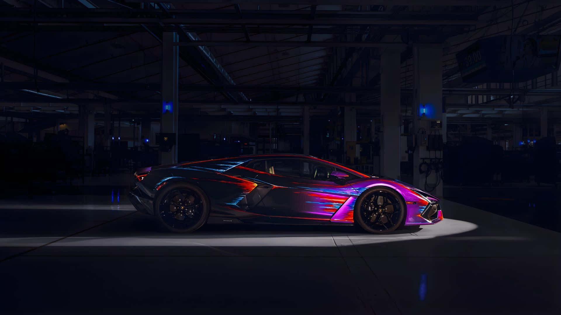 Rainbow Lamborghini, dark garage, iridescent purple and blue paint, Full HD Desktop Wallpaper