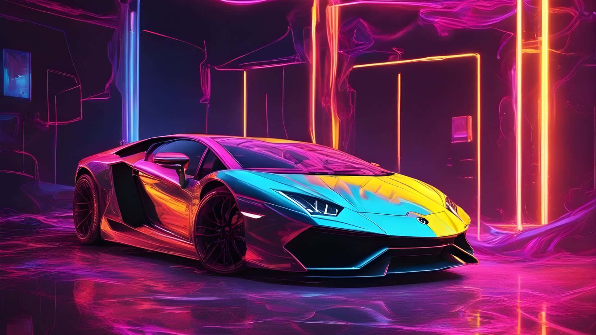 Rainbow Lamborghini, neon city, futuristic garage, Full HD Desktop Wallpaper