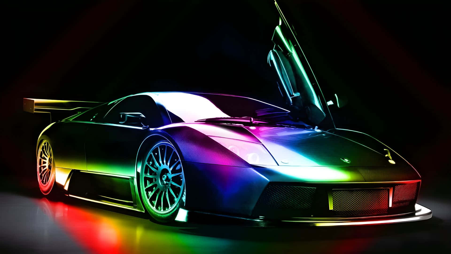 Rainbow Lamborghini, sleek black sports car, glowing rainbow lights, Full HD Desktop Wallpaper