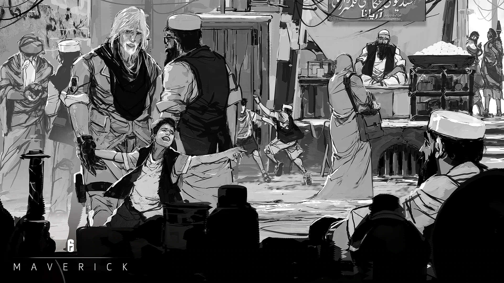 Rainbow Six Siege Maverick, monochrome street scene, traditional attire, Full HD Desktop Wallpaper
