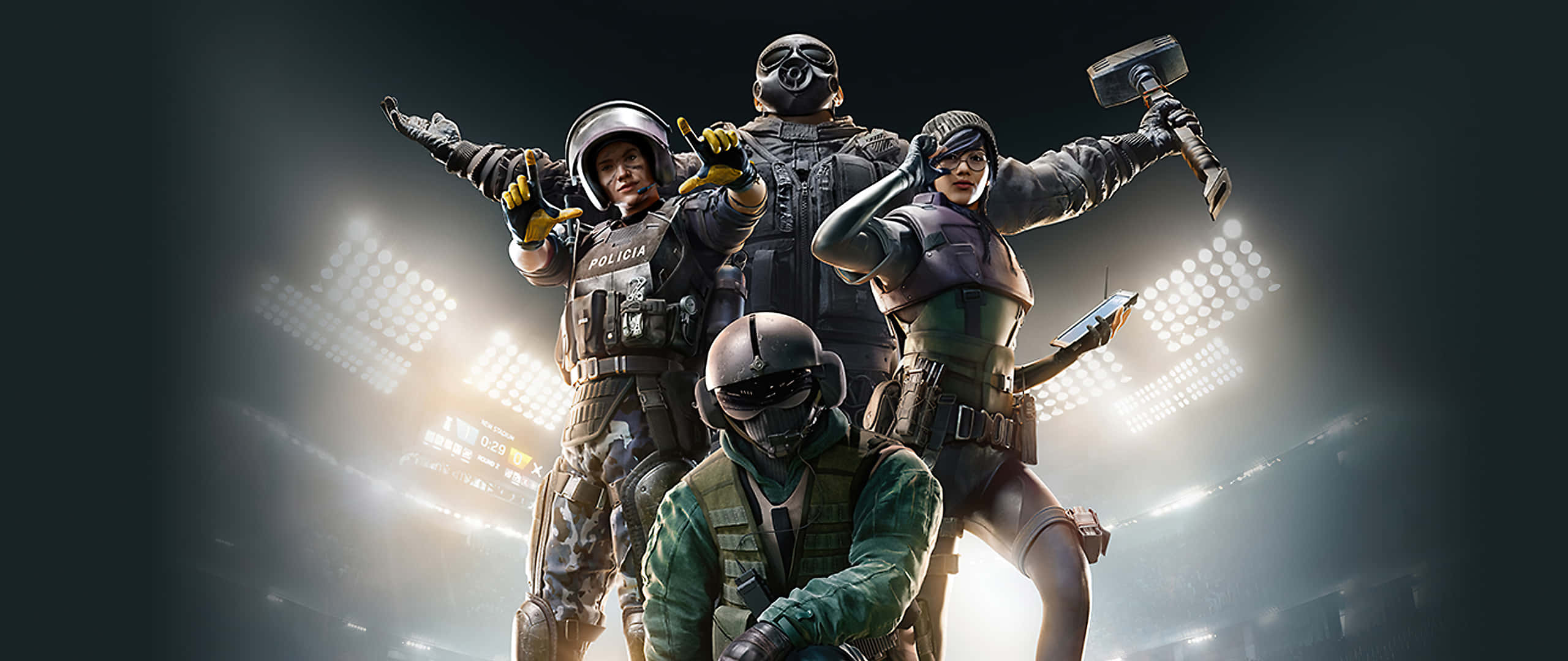 Rainbow Six Siege Operators, stadium lights, dark arena, 2K Desktop Wallpaper