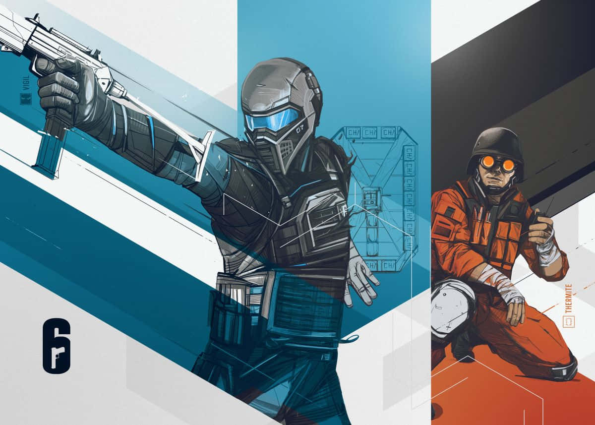 Rainbow Six Siege, Thermite, geometric blue and orange background, SD Desktop Wallpaper