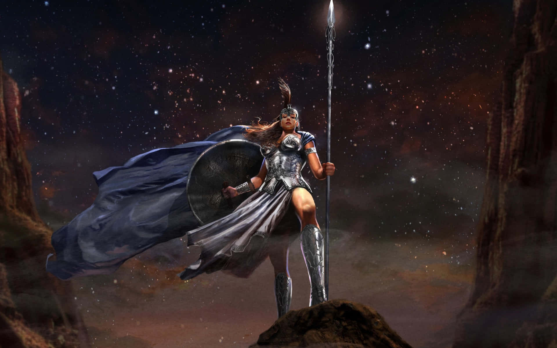 Valkyrie, silver armor, rocky peak, Full HD Desktop Wallpaper